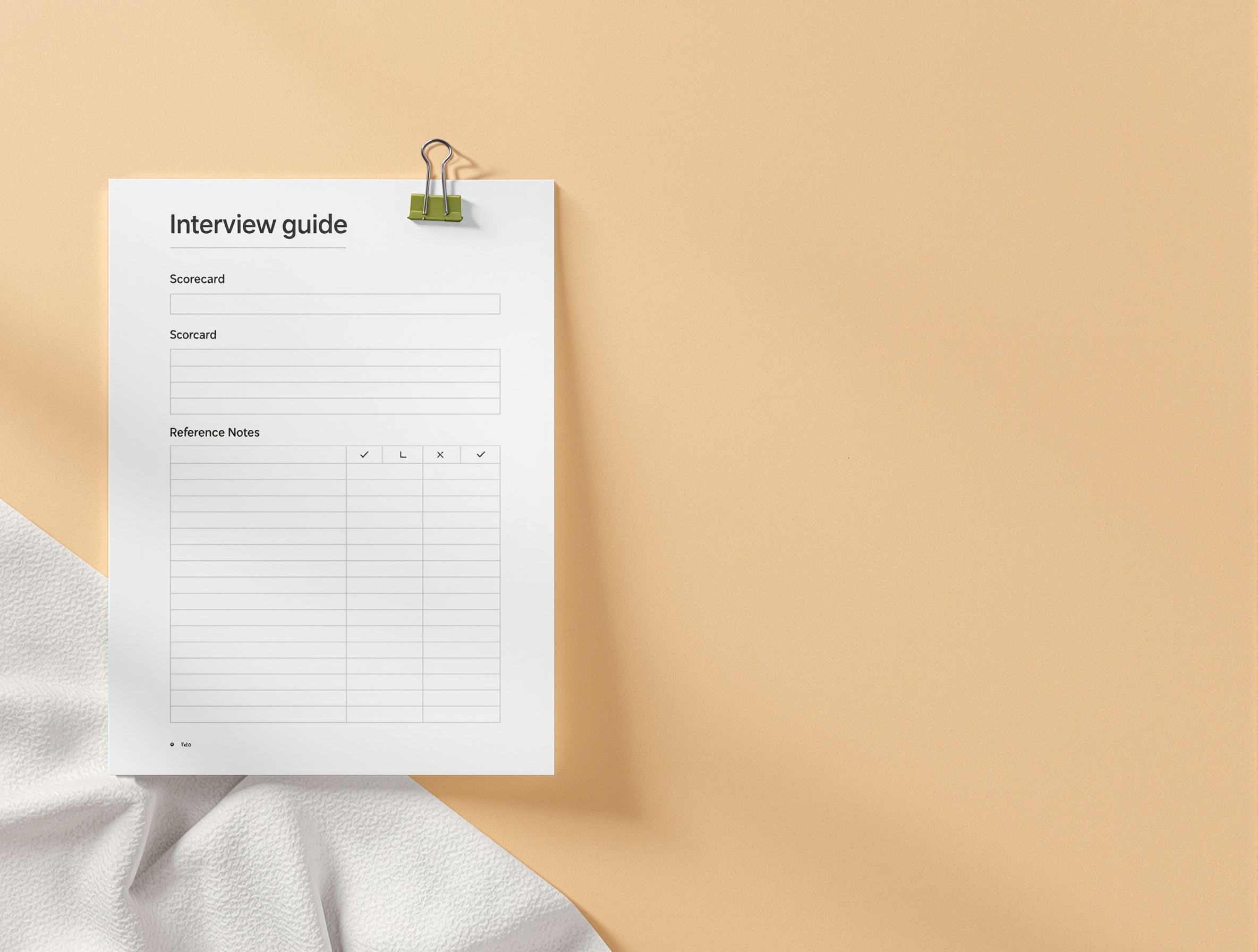 Interview guide, scorecard, and reference notes arranged as a single evidence packet.