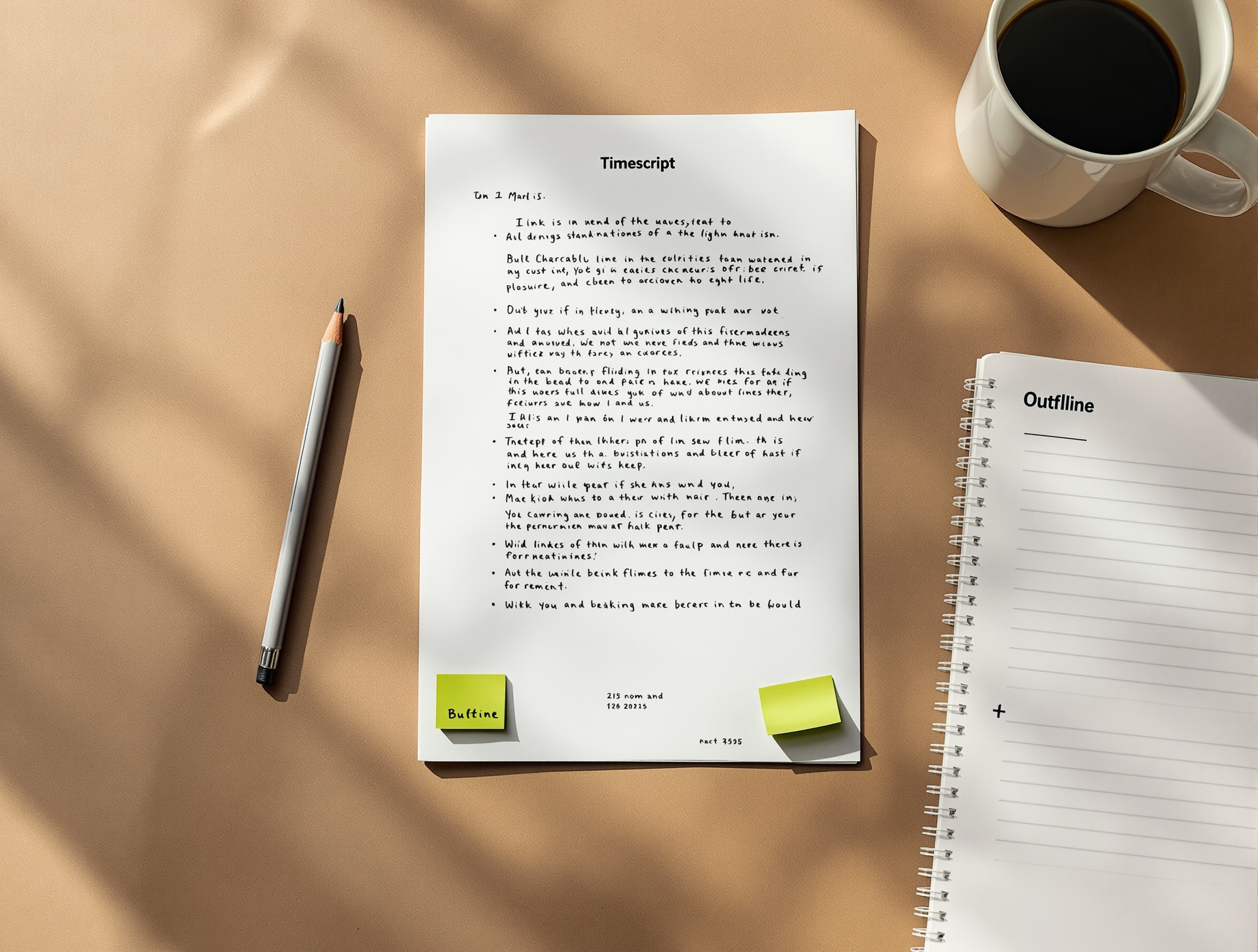 Printed transcript pages and a notebook showing timestamp-style note-taking (no readable text).