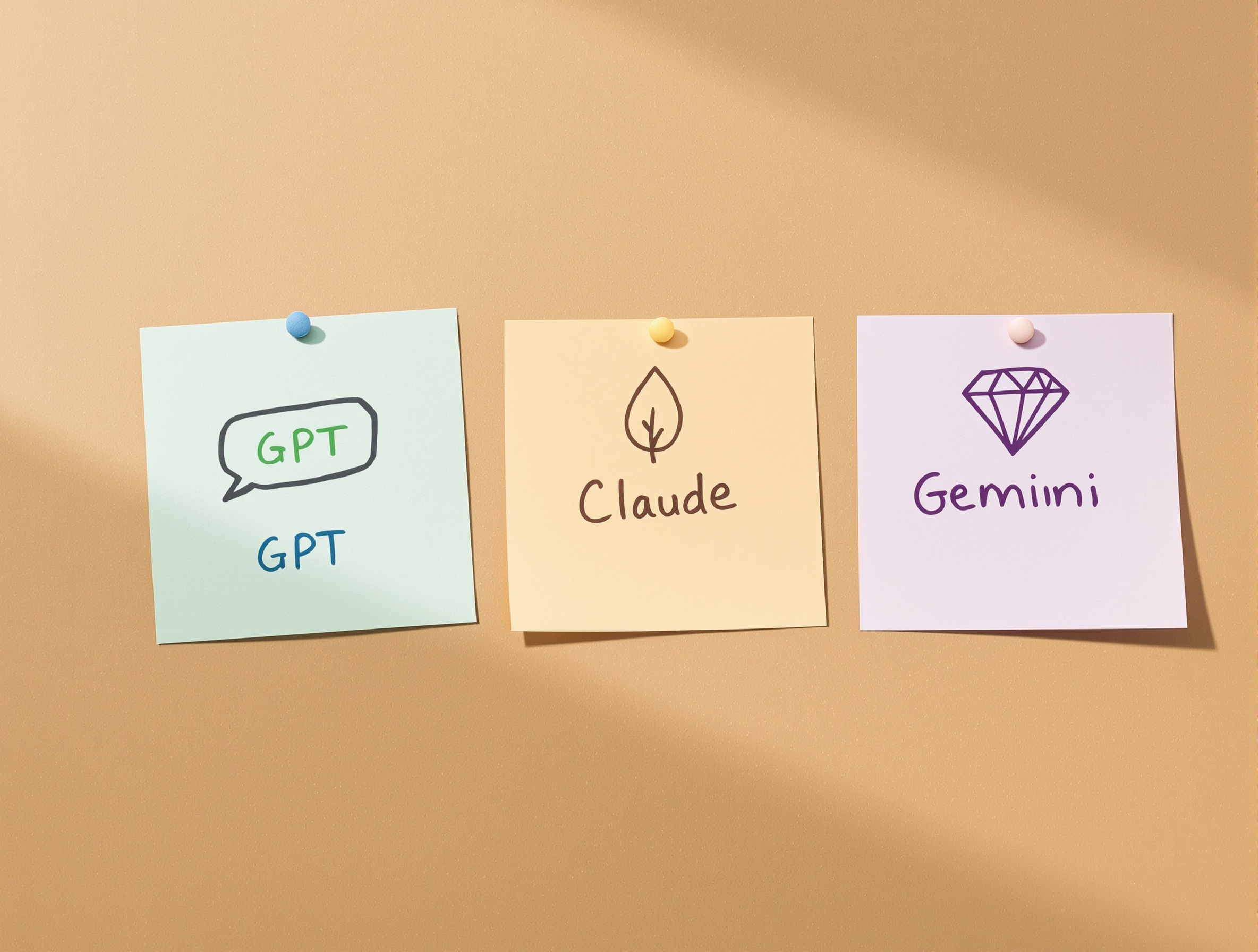Three sticky notes representing GPT, Claude, and Gemini with distinct icons.