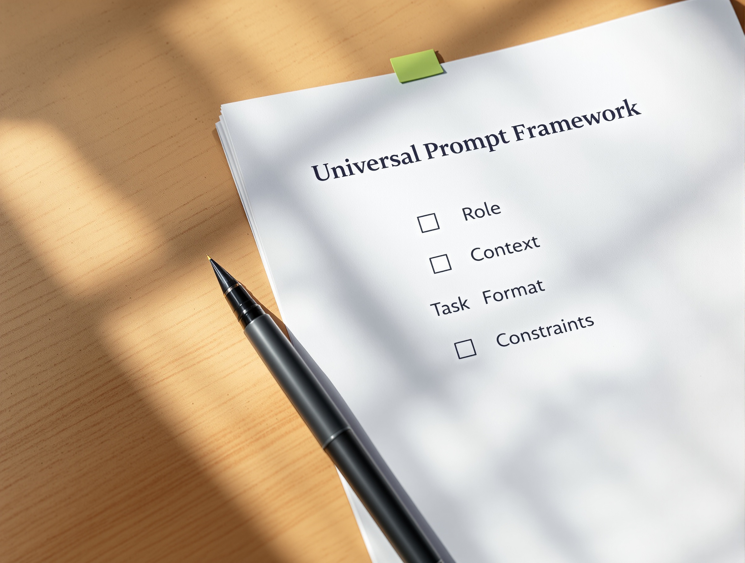 A desk with a notebook showing a prompt framework checklist, a fountain pen, and a green sticky tab.