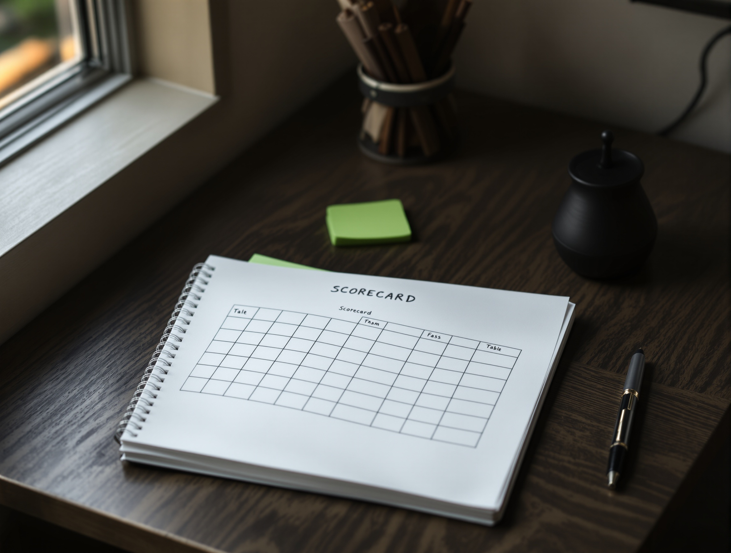 A desk scene with a notebook containing a hand-drawn interview scorecard table, a fountain pen, and a green sticky tab