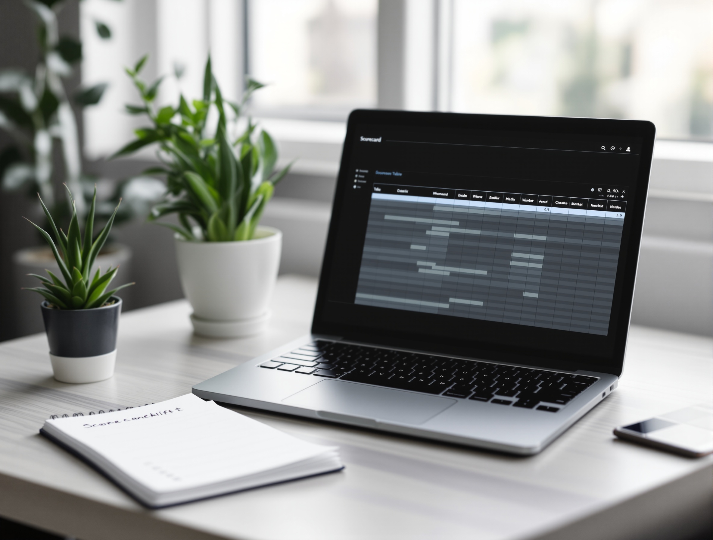 A laptop with a blurred spreadsheet next to a notebook with a handwritten checklist and a small potted succulent