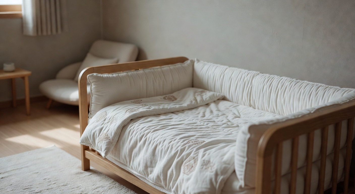 soft crib with white bedding in a dimly lit nursery room