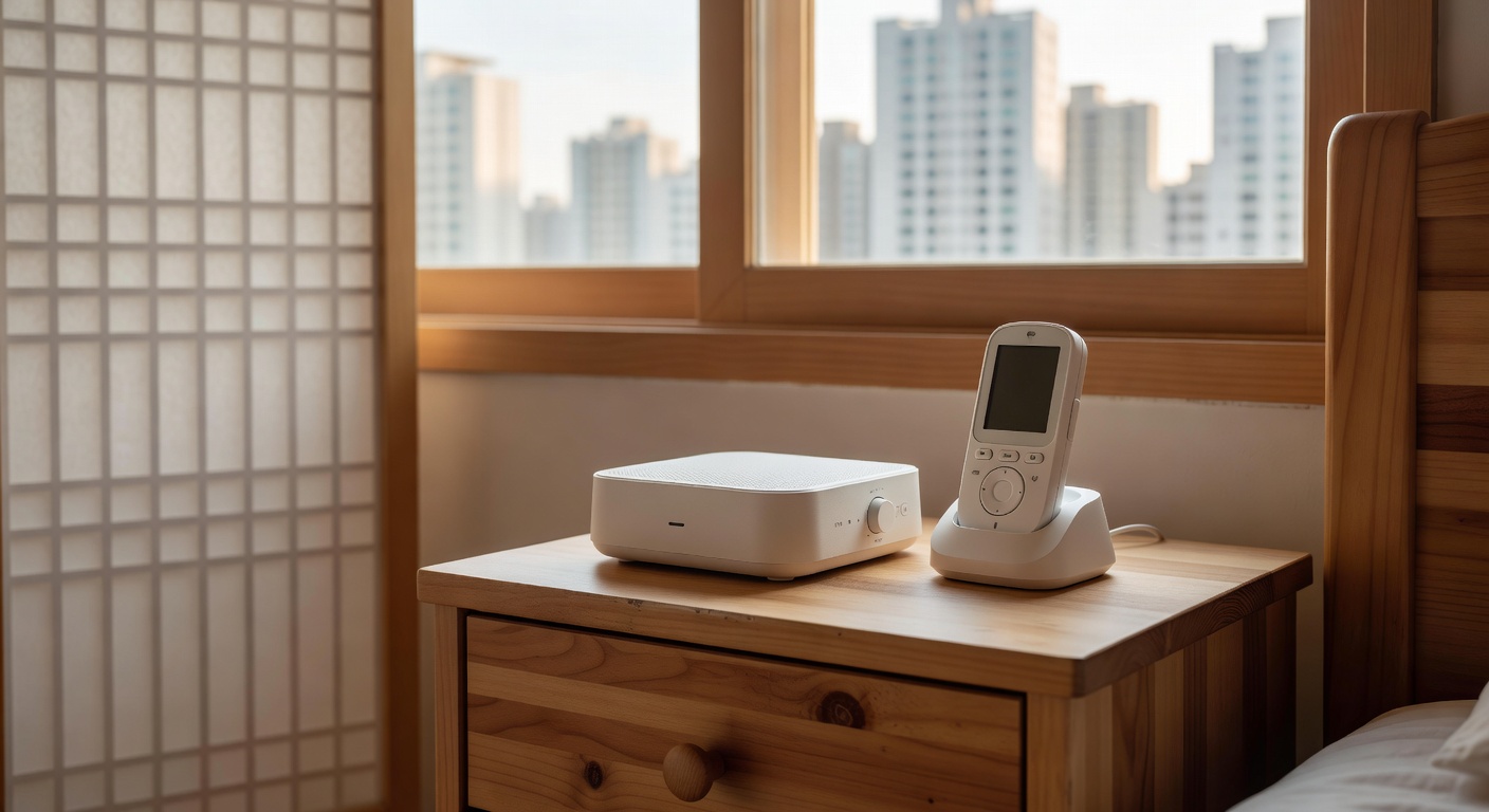 white noise machine and baby monitor placed on a wooden nightstand