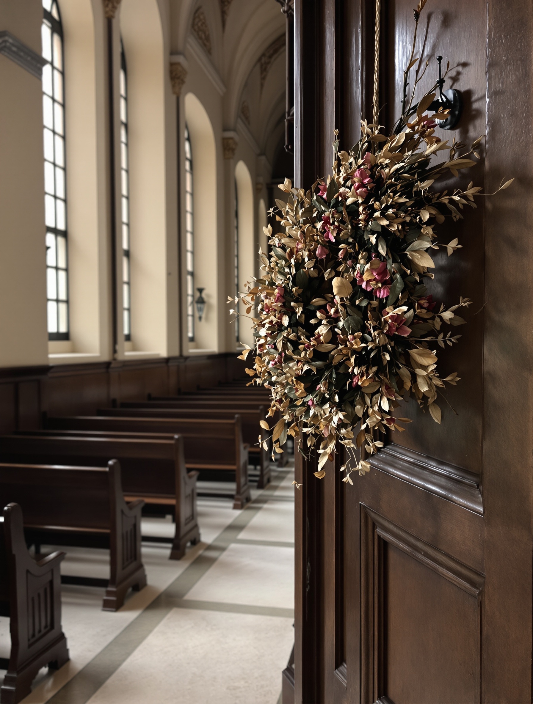 Dim baroque chapel interior with dried wreath and carved pews, editorial photograph for Chypre Palatin