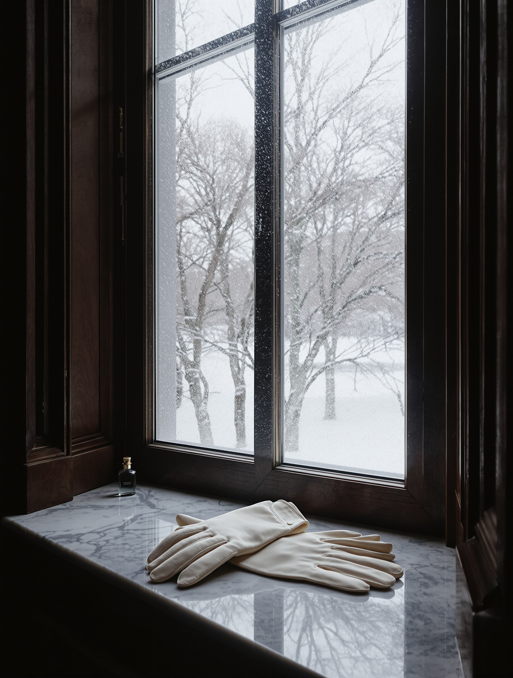 Two ivory kid-leather gloves lie abandoned on a cold marble ledge before a fogged baroque window, pale winter light washing over them in a silent, time-stopped interior.