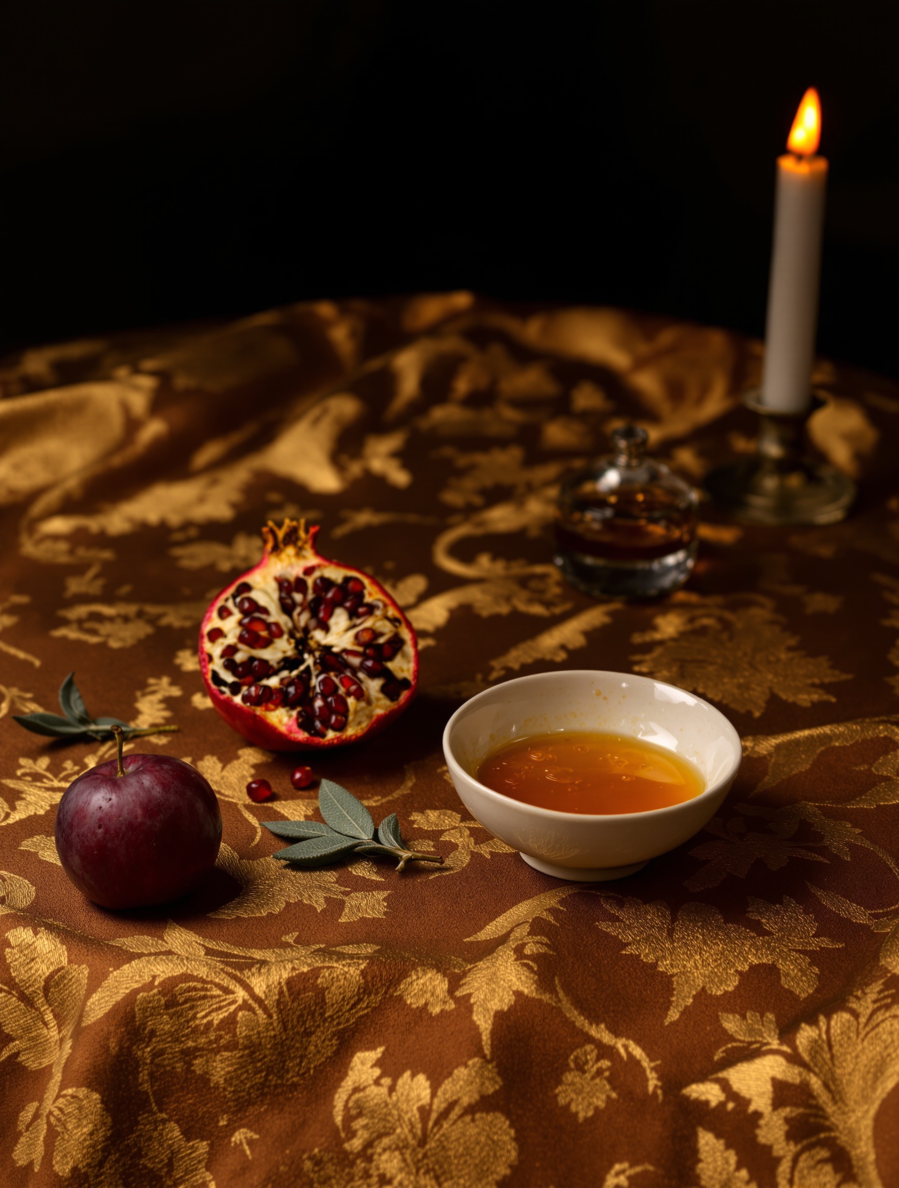 Autumnal still life on brocade with pomegranate, plum, sage, and amber resin in candlelight for Chypre Palatin