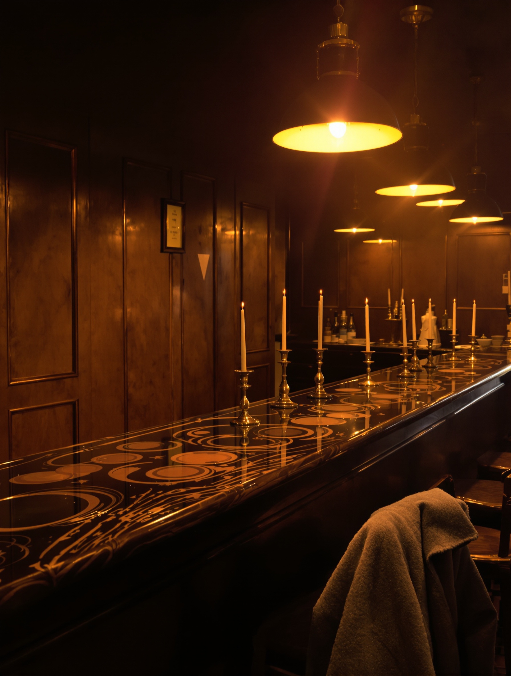 Empty candlelit bar interior near closing time, amber light pooling on a scarred wooden counter beside an unclaimed wool coat.