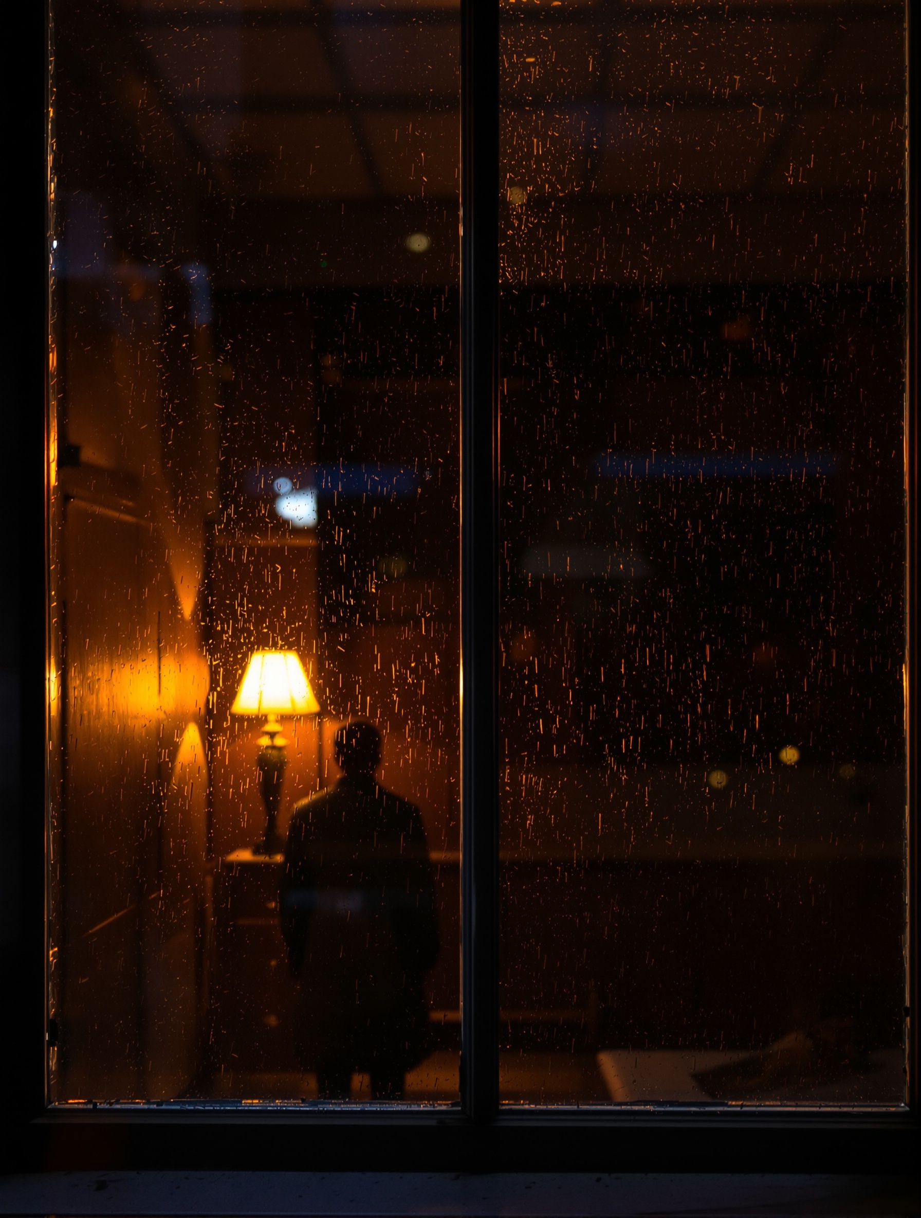 A rain-soaked night window with a small still silhouette inside warm amber light, the melancholy intimacy of Baraonda.