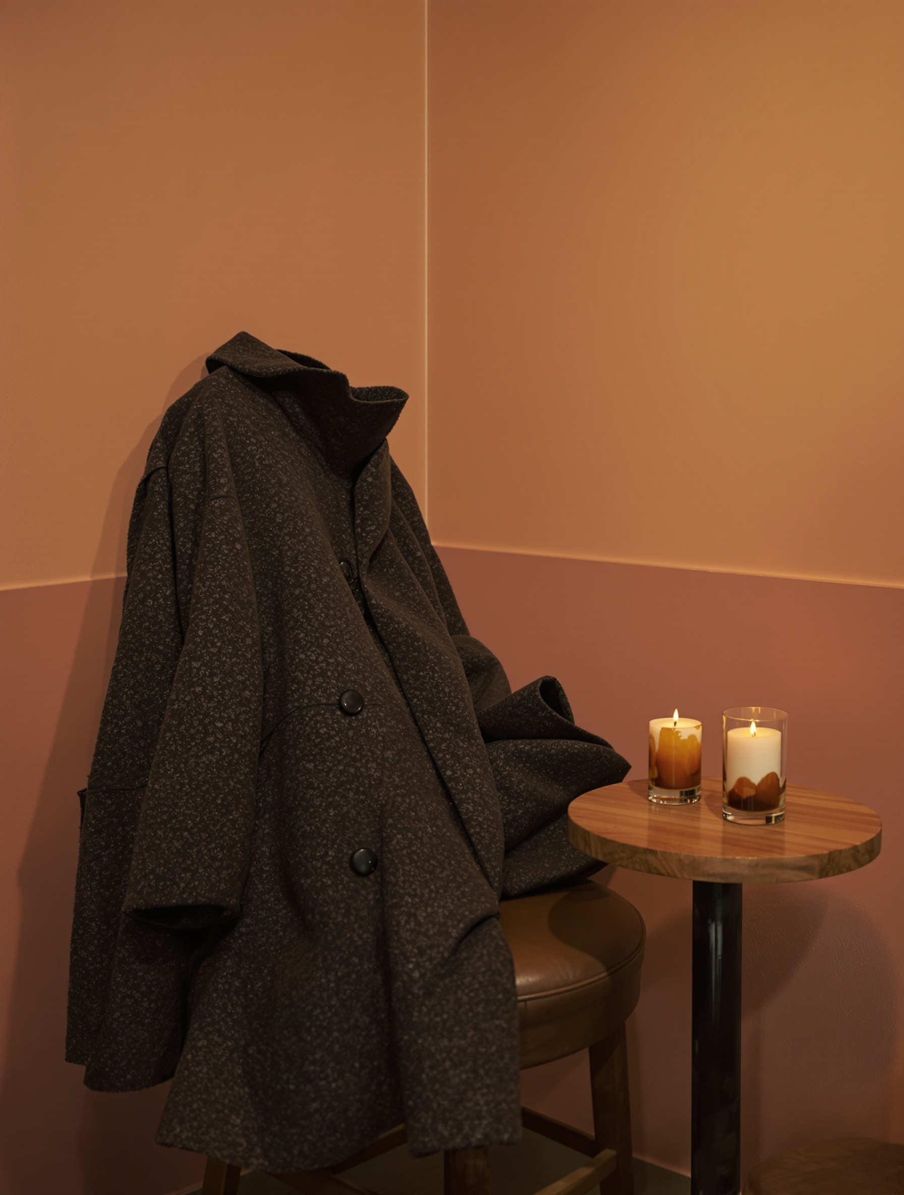 An abandoned wool coat on a bar stool beside spent candles, the intimate aftermath at the heart of Baraonda by Nasomatto.