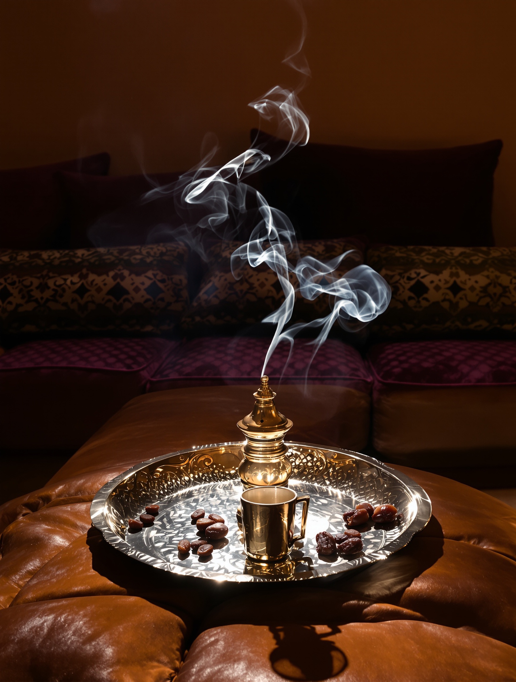 A softly lit traditional majlis interior for Turath by The Spirit of Dubai, smoke trailing from a brass bakhoor burner over a silver tray of date pits and empty coffee cups, leather cushions still warm.