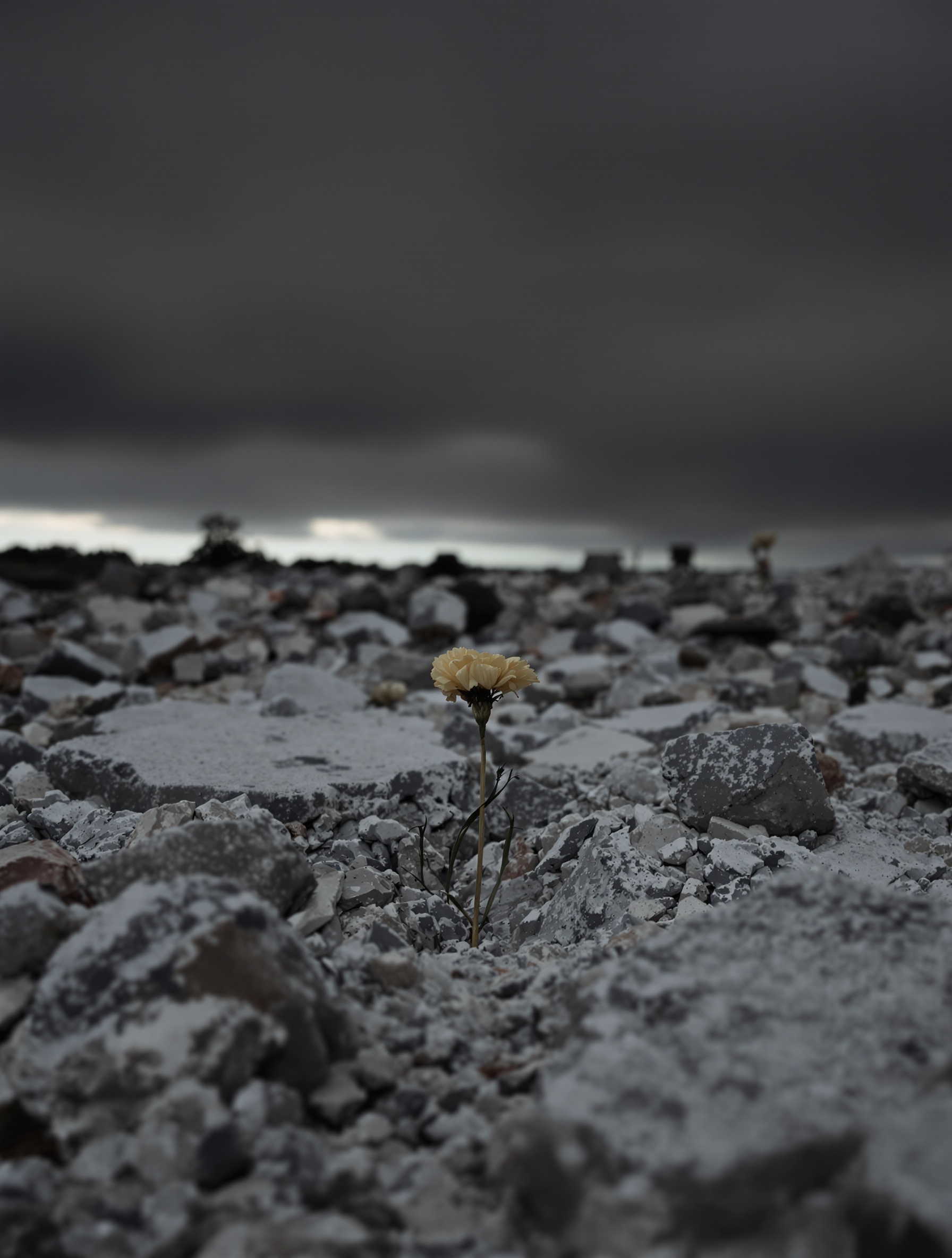 A rain-soaked rubble field at dusk, a single scorched marigold stem lodged in cracked concrete, evoking the grief at the heart of Inexcusable Evil by Toskovat.