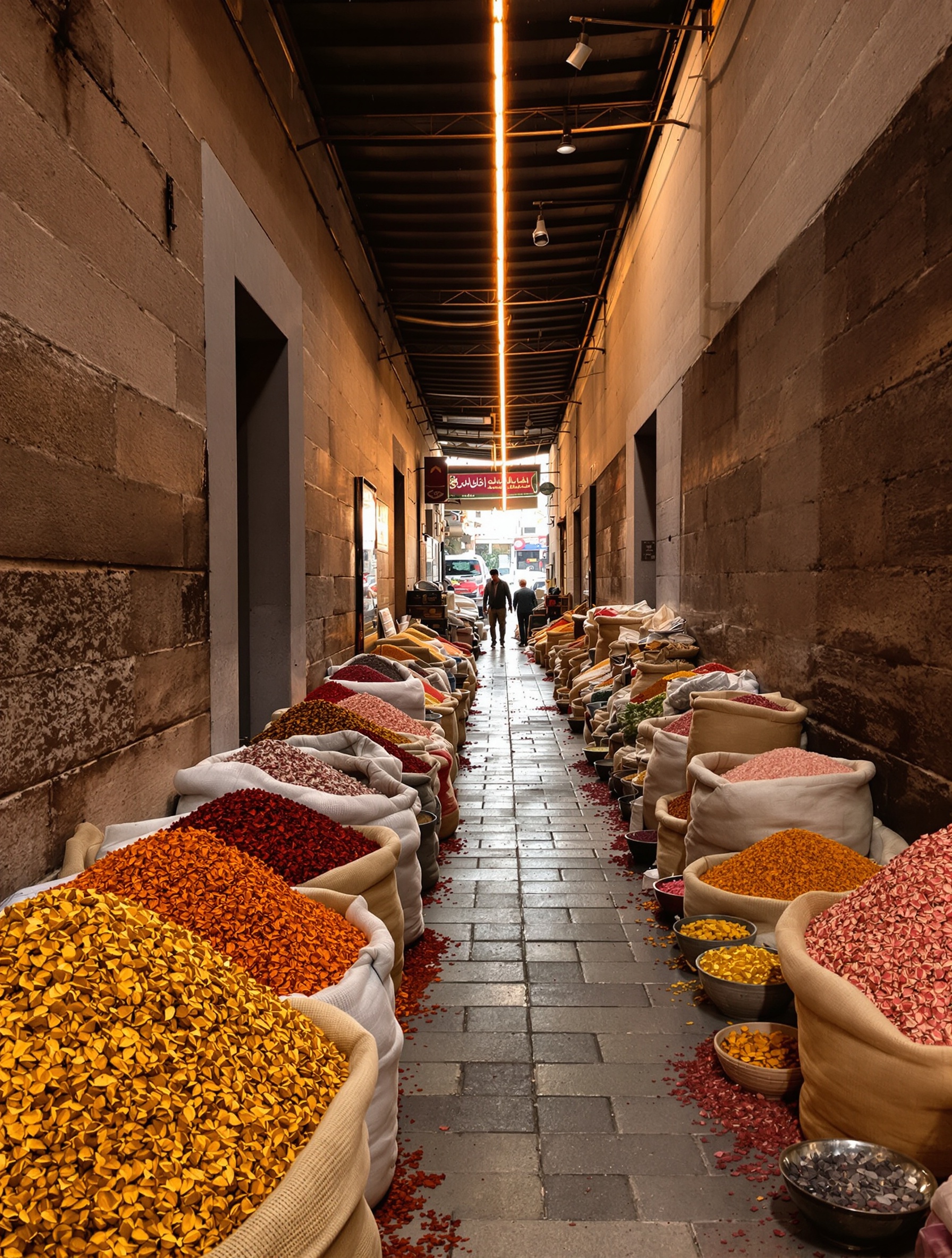 A dusk-lit souk corridor heaped with saffron, dried rose petals, and frankincense resins for Turath by The Spirit of Dubai, a lone distant figure visible at the far end.