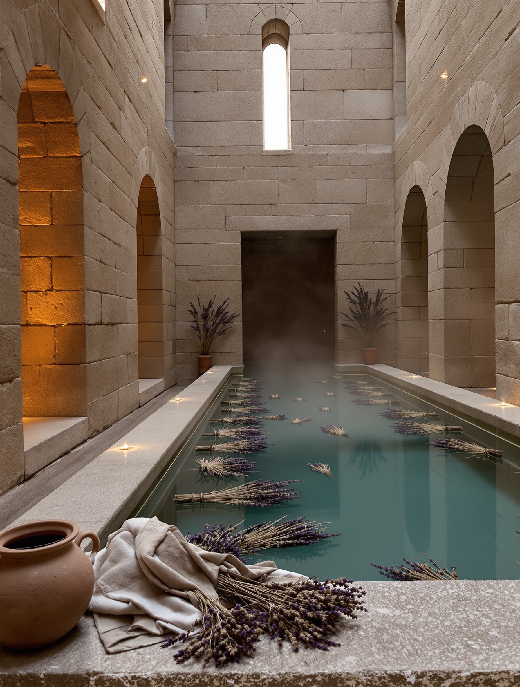 A steaming Roman bath interior at dusk evoking the stoic intimacy of Invasion Barbare by MDCI.
