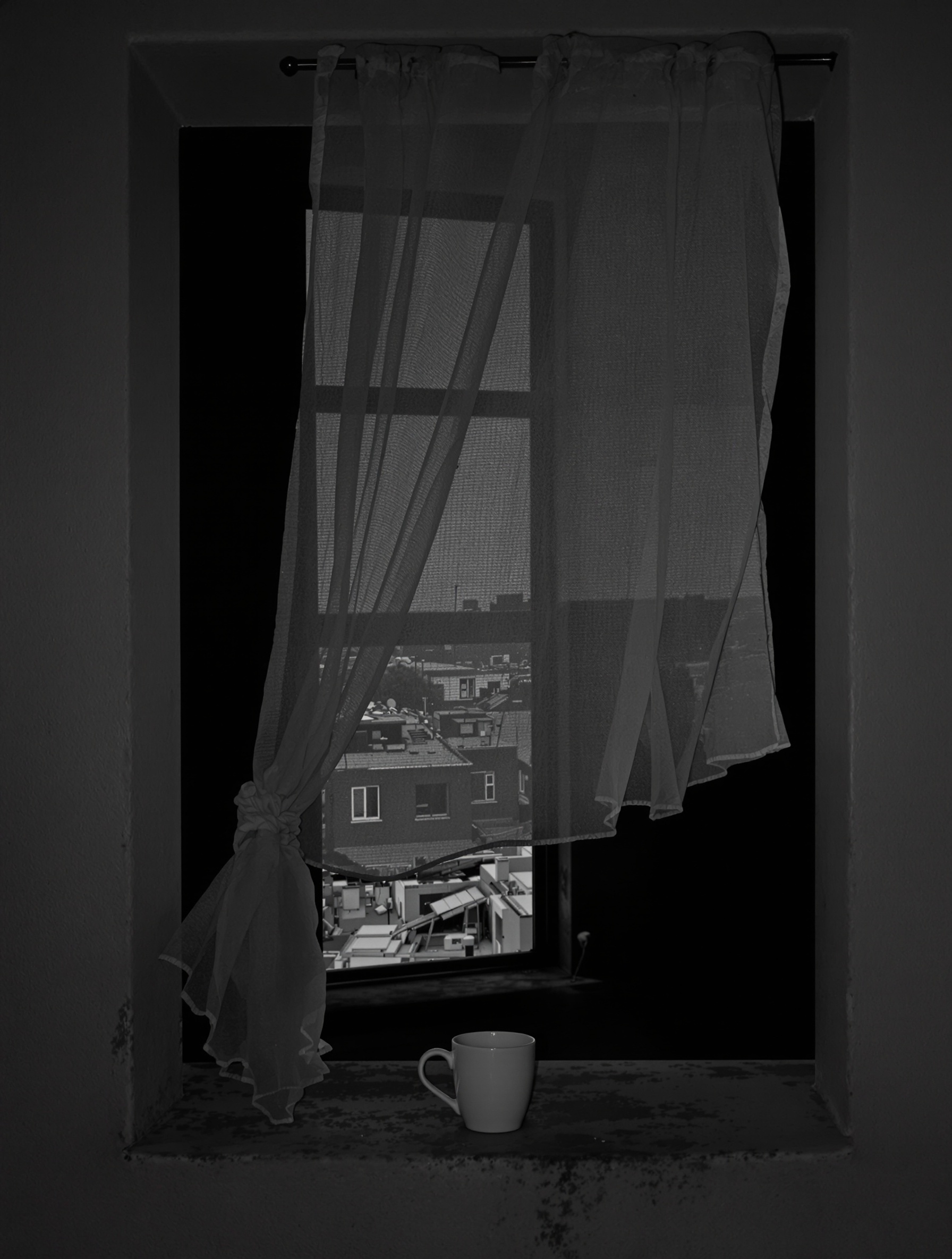 A cold, empty coffee cup on a shattered windowsill, the gauze curtain moving in winter air above a ruined city, from the world of Inexcusable Evil by Toskovat.
