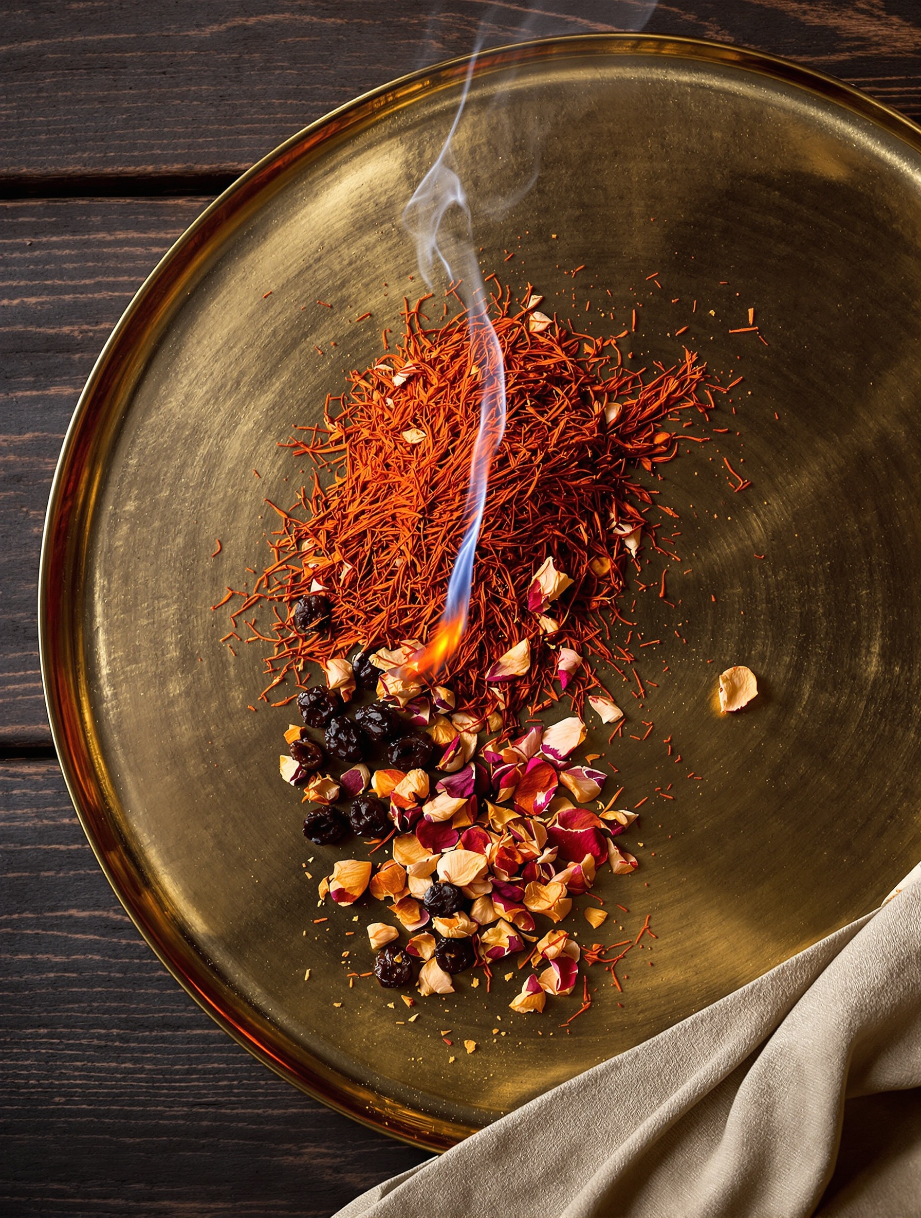 A brass tray of saffron threads, dried rose petals, frankincense tears, and smoldering oud ash, a still-life detail for Turath by The Spirit of Dubai.