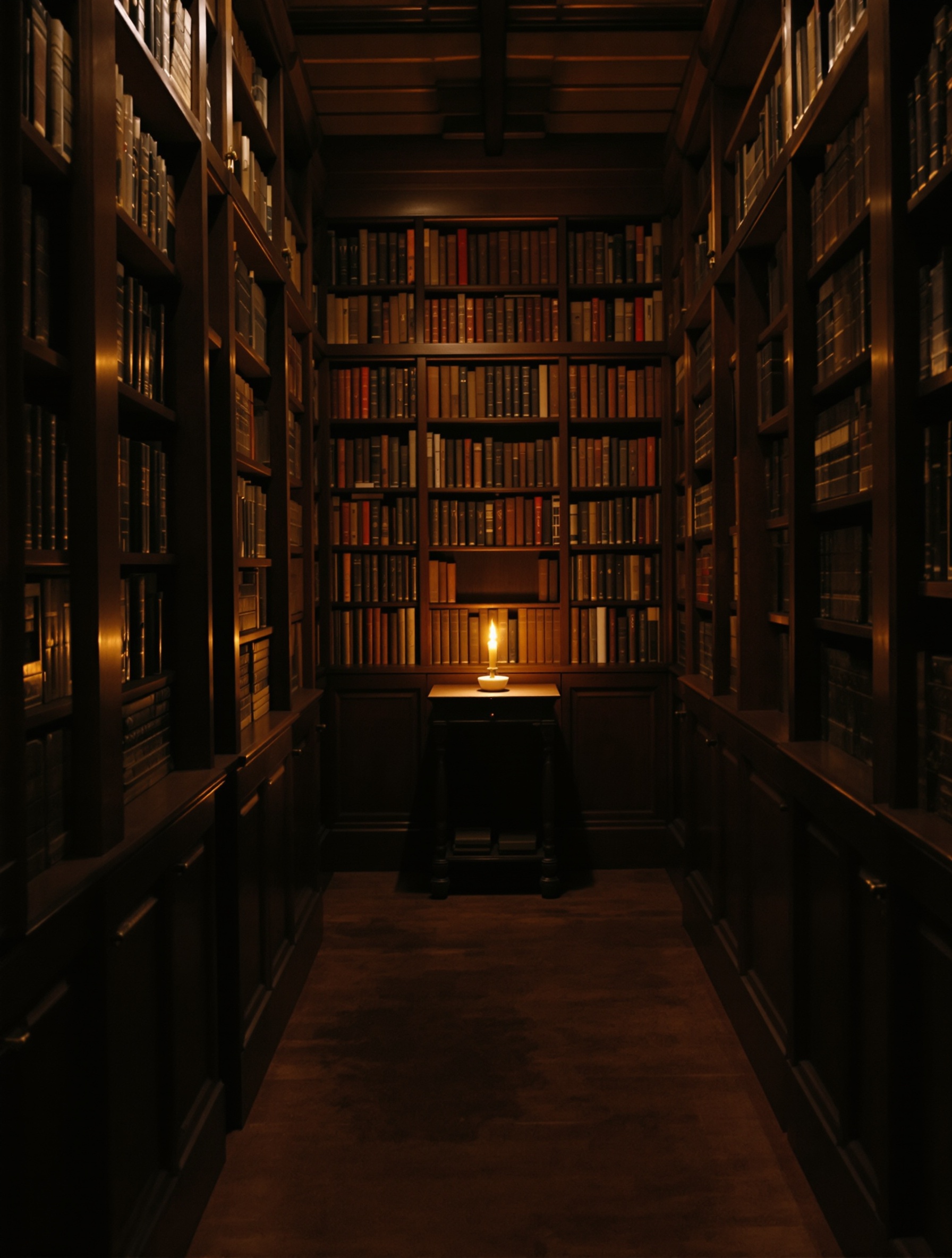 A grainy long-exposure film photograph of a candlelit wood-panelled library at night, with a ceramic inkwell and pale ambergris nodule resting on a bare wooden surface, shadows textured and lifted rather than crushed.