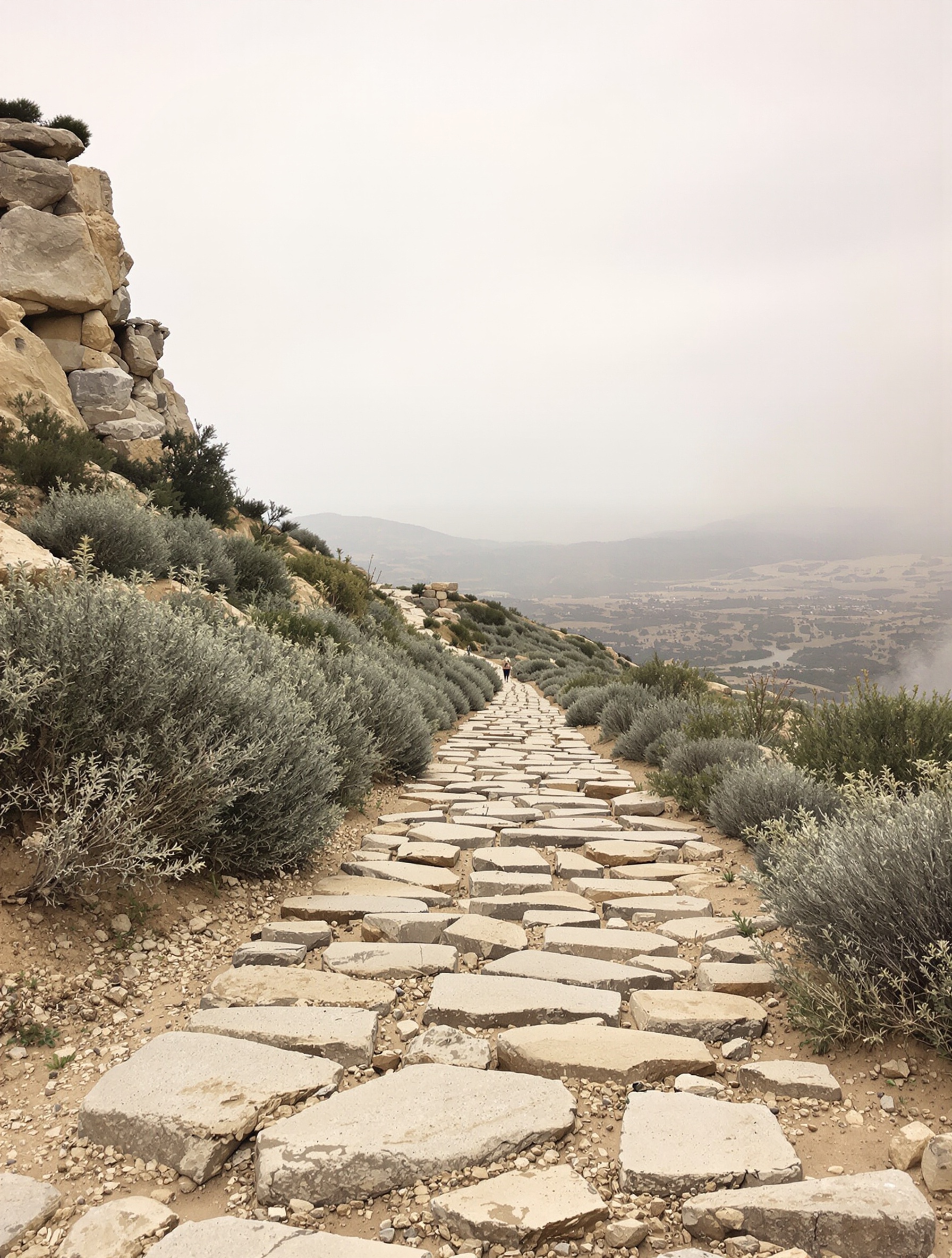 A limestone hillside Roman road overgrown with wild thyme, evoking Invasion Barbare by MDCI.