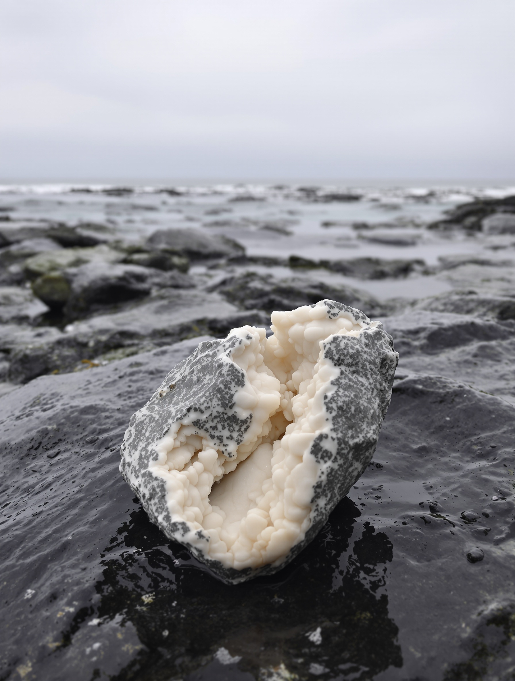 A raw ambergris nodule resting on wet black slate at a rocky shoreline at dusk, the tidal sea behind it, for Zoologist Squid.