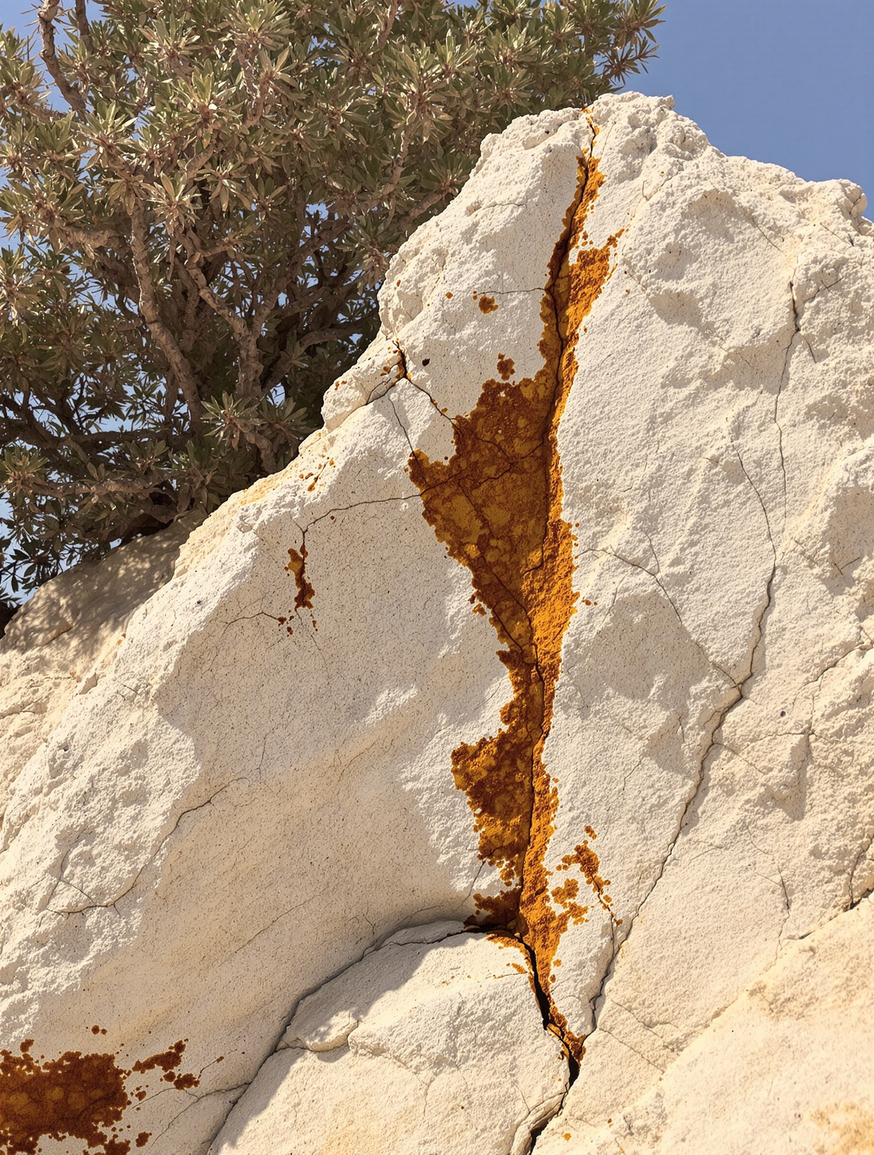 A limestone outcrop with dark dried cistus resin tears photographed in raking desert light, evoking the labdanum core of L'Air du Désert Marocain.