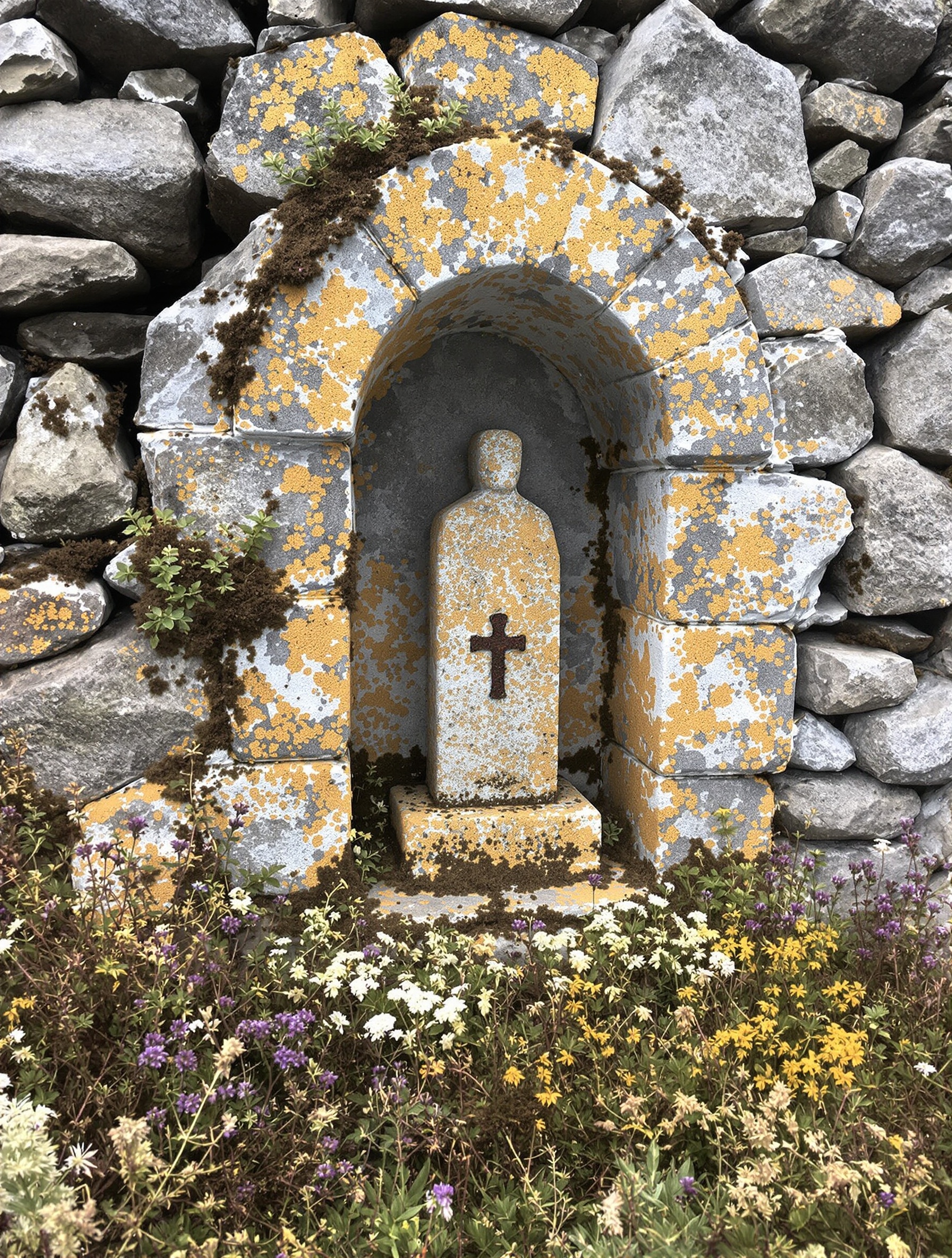 A lichen-blanketed Roman roadside shrine with a weathered stone figure in its arched niche, surrounded by wild artemisia and thyme under flat overcast light.