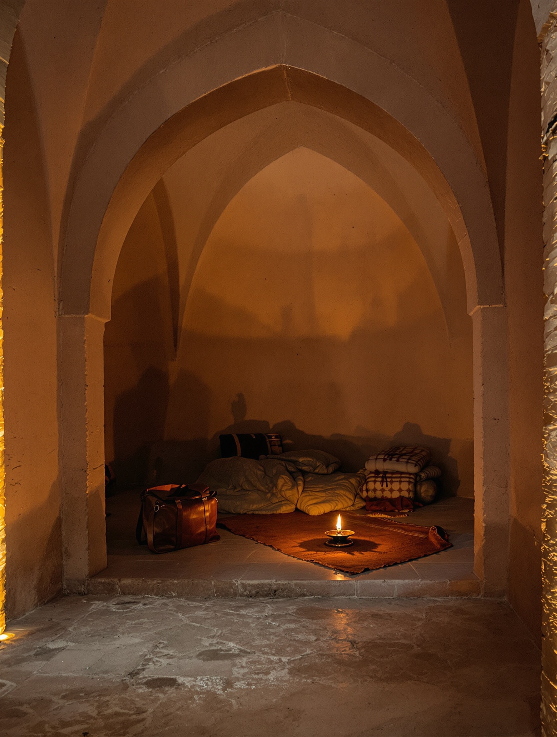 The dim amber interior of an ancient caravanserai lit by a single oil flame, evoking the resinous depth and solitary grandeur of L'Air du Désert Marocain.