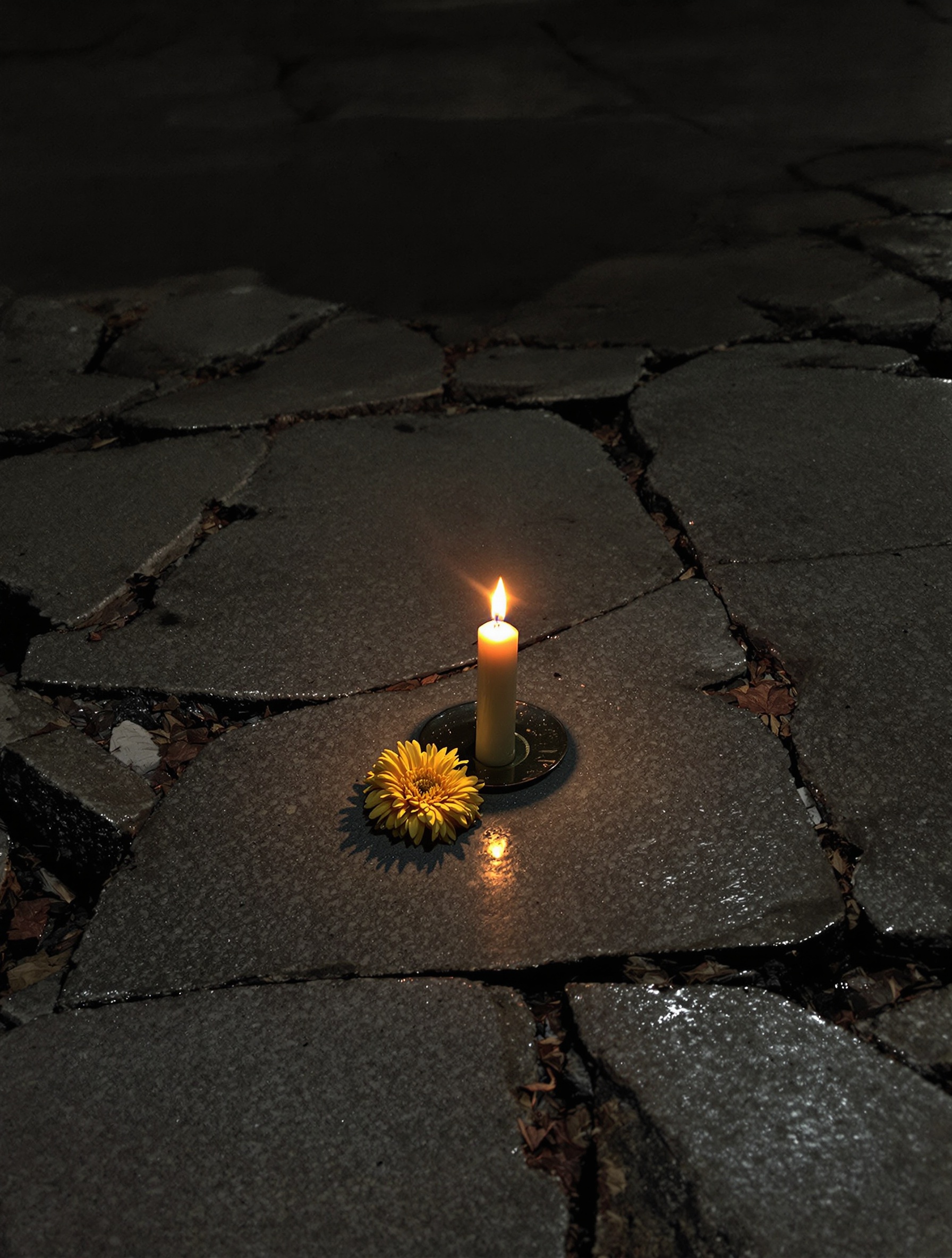 A single candle burning on night-wet rubble with a thread of incense smoke rising into cold air, a memorial stillness at the core of Inexcusable Evil by Toskovat.