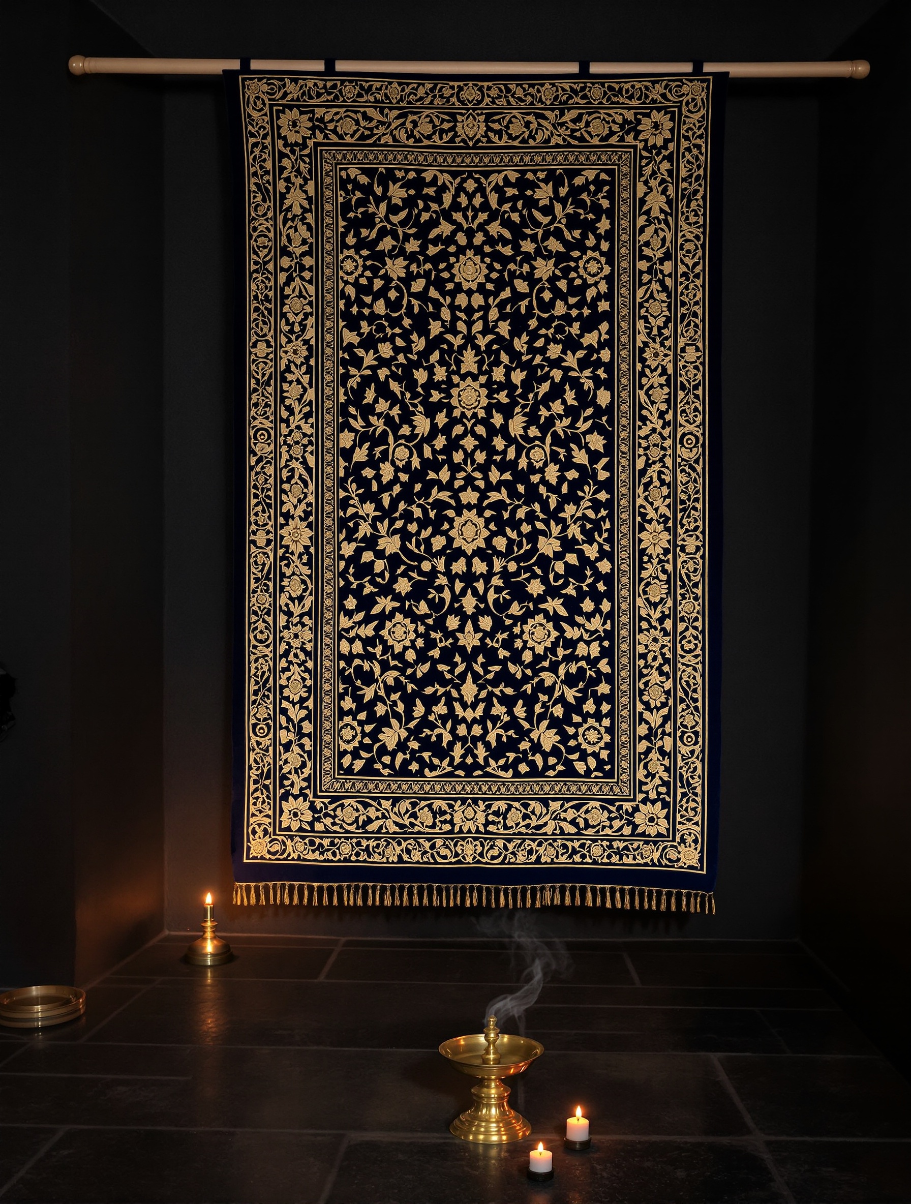 Deep indigo gold-embroidered textile hanging in a candlelit stone room with frankincense smoke rising from a brass burner below.