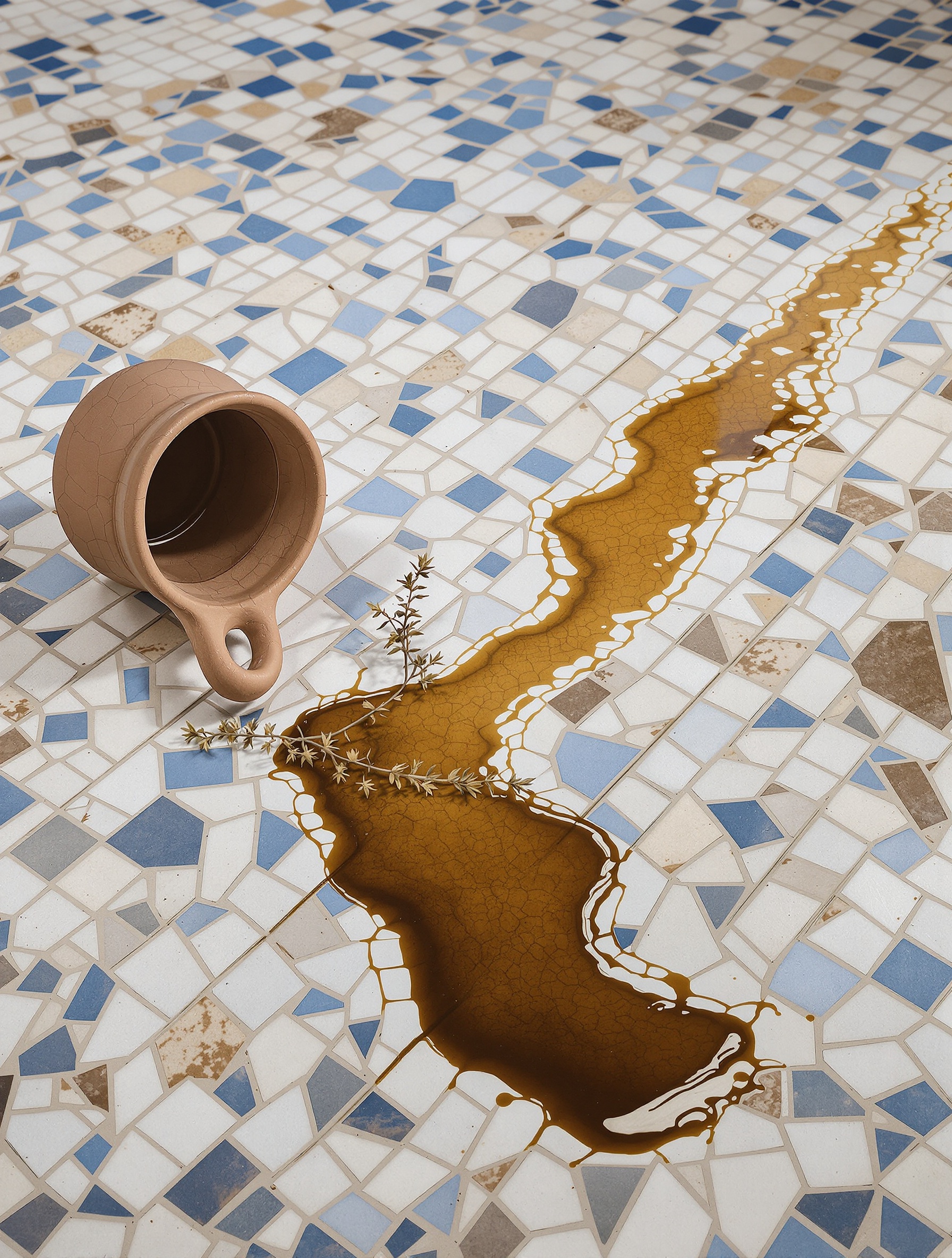 Dark spiced oil pooling across a worn Roman mosaic floor, evoking Invasion Barbare by MDCI.