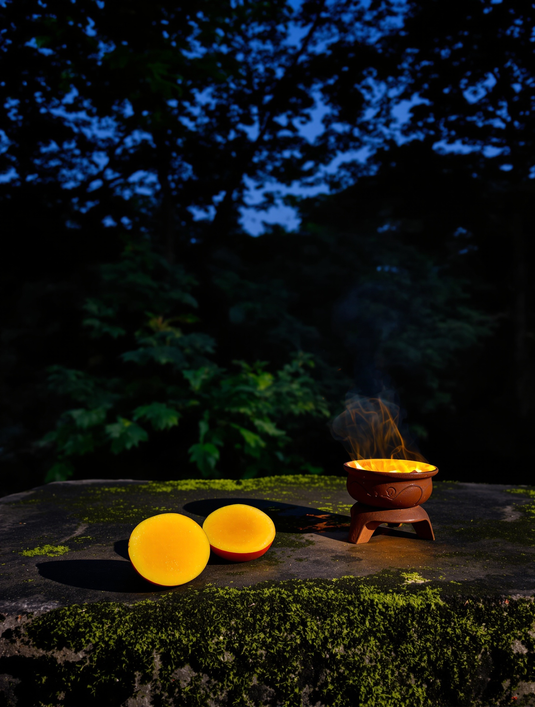 A mossy jungle stone altar holds two glowing mango halves and a smoldering clay brazier beneath a pre-dawn blue-black canopy.