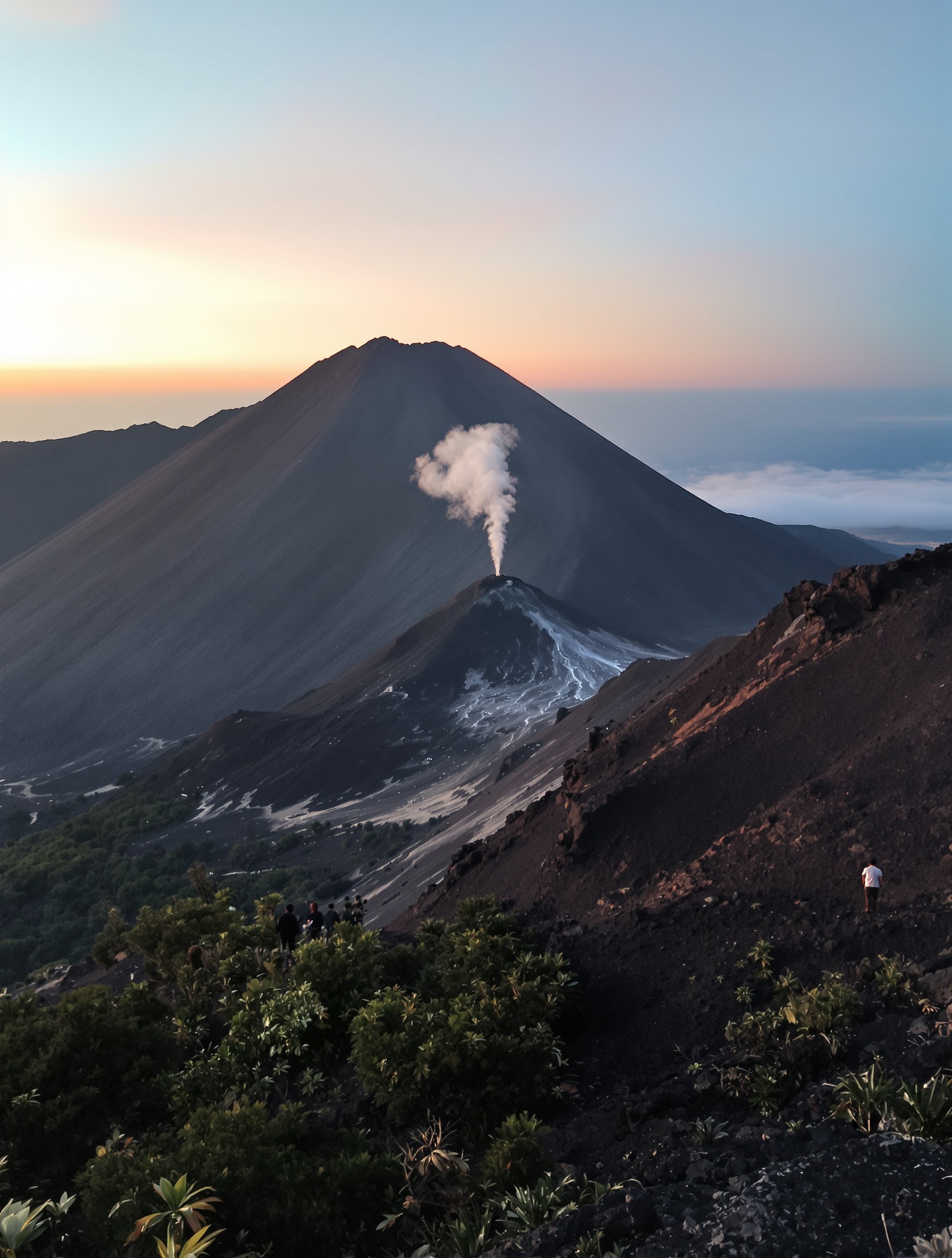 The basalt flank of a Mexican volcano at dusk with a rising steam column evokes the elemental darkness of 777 God of Fire.