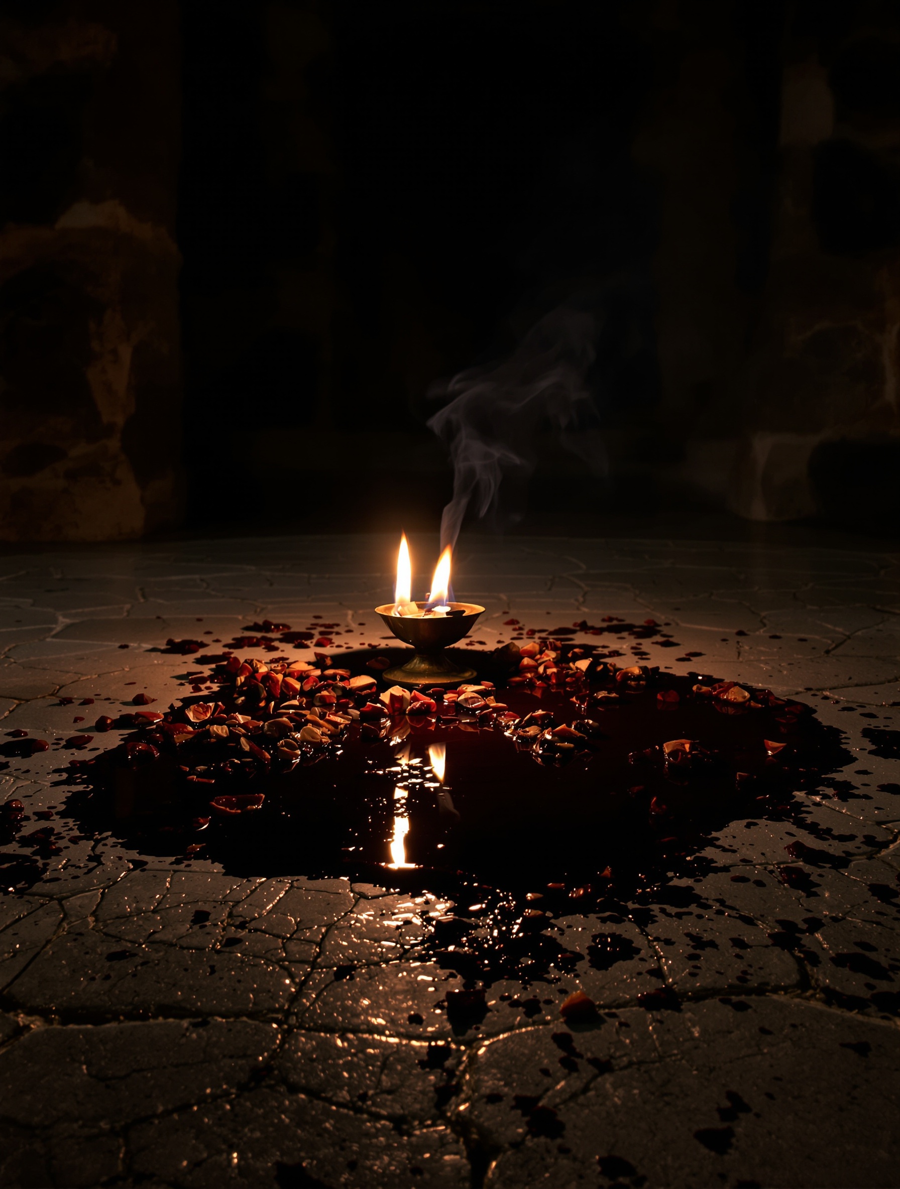 A dim stone-floor interior for Triumph of Bacchus Extrait, scattered with crushed grape skins and spilled dark wine lit by one sideways oil lamp.
