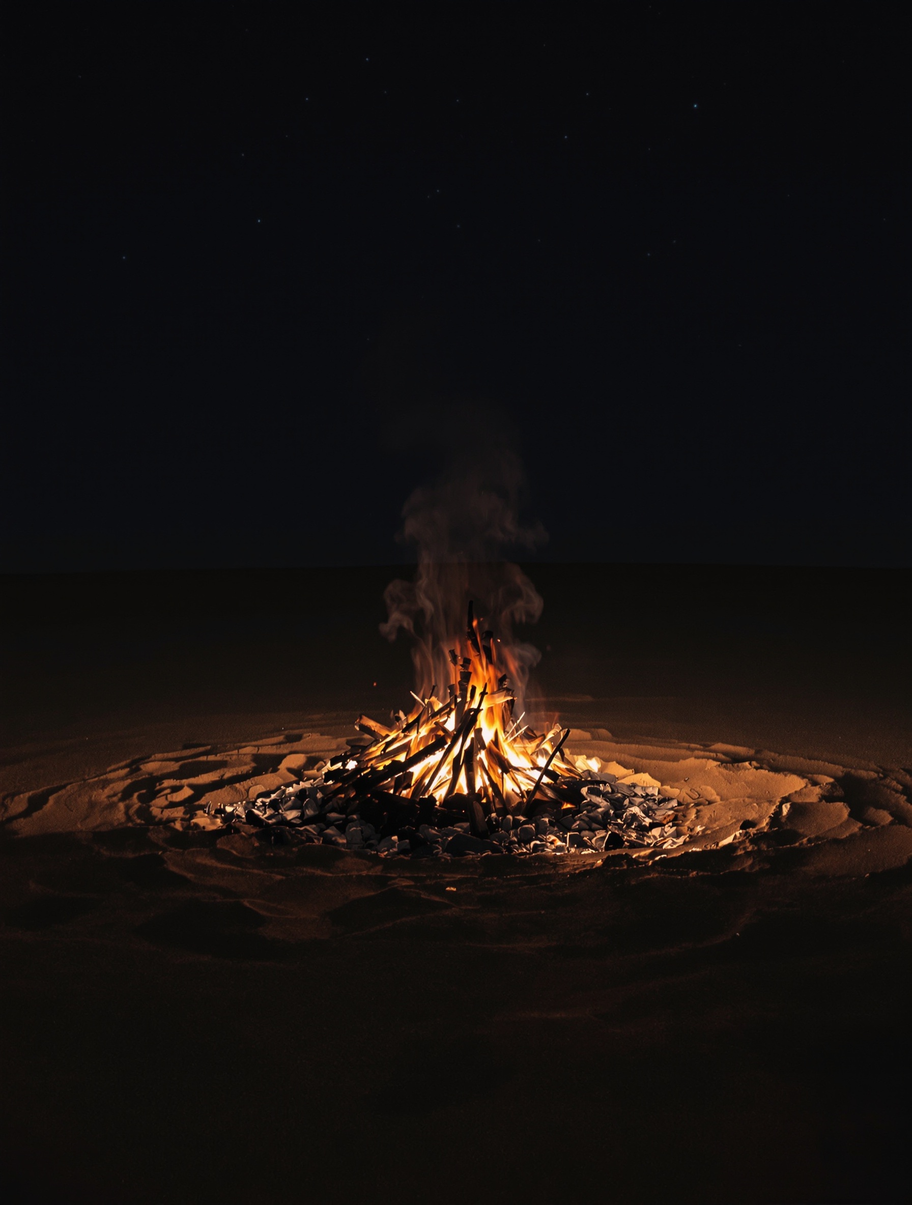 A dying desert campfire casts faint amber light across bare mineral sand under a faintly star-flecked night sky.