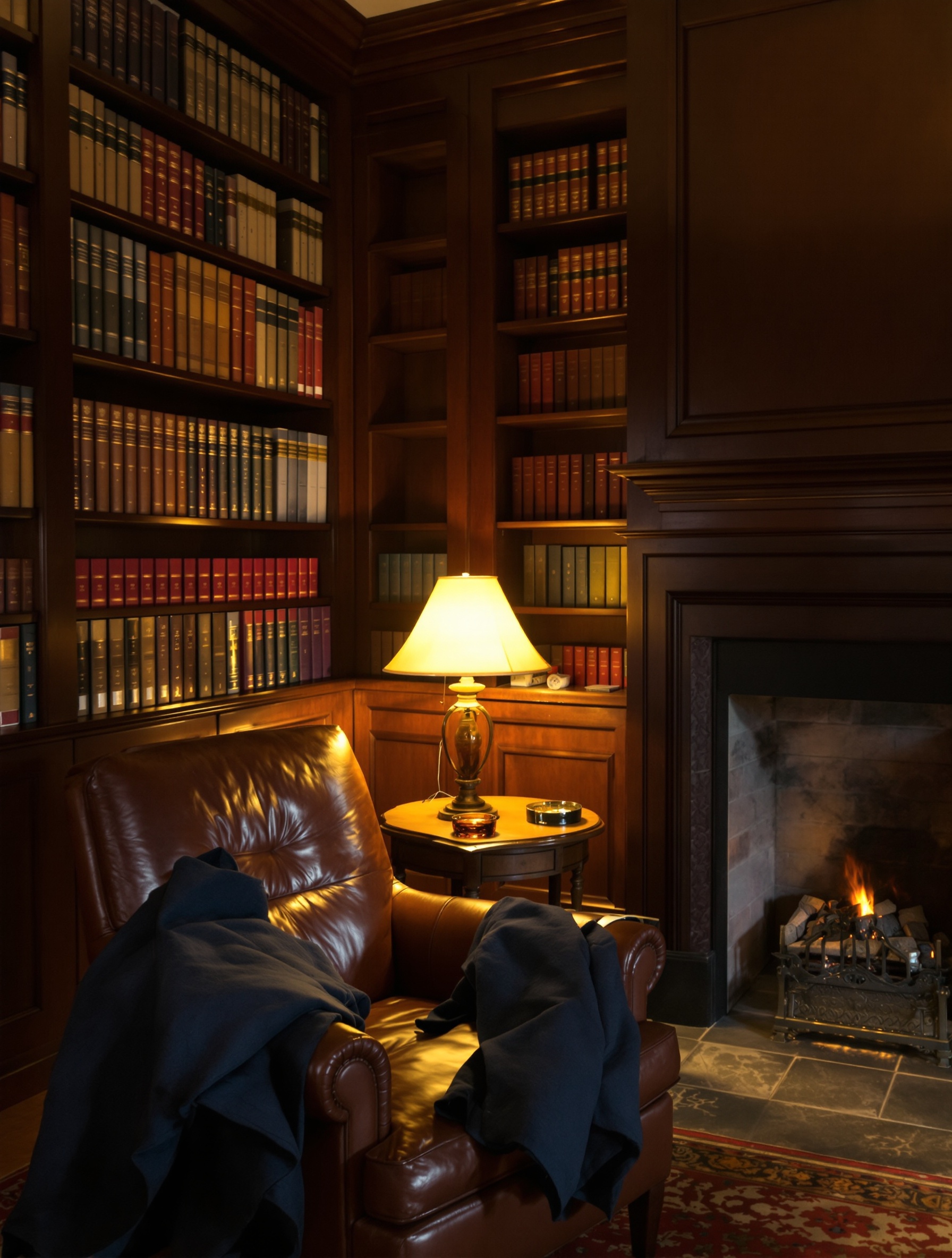A panelled private library in warm lamplight with a leather chair and draped wool coat, evoking the aristocratic inhabited warmth of Thameen Rivière.
