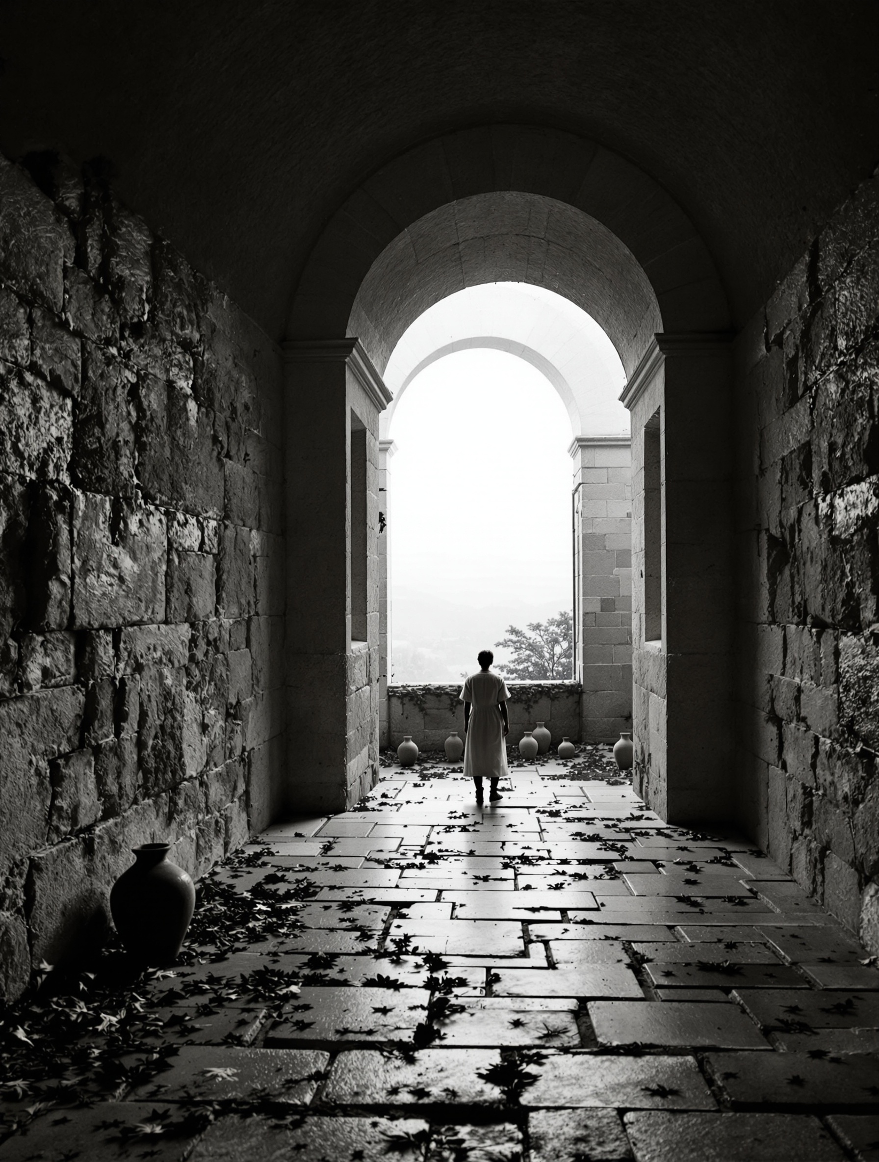 A lone tiny figure silhouetted at the far end of a dark limestone vaulted corridor gazes into pale misty dawn over forested hills, surrounded by fallen ivy and ancient clay vessels.