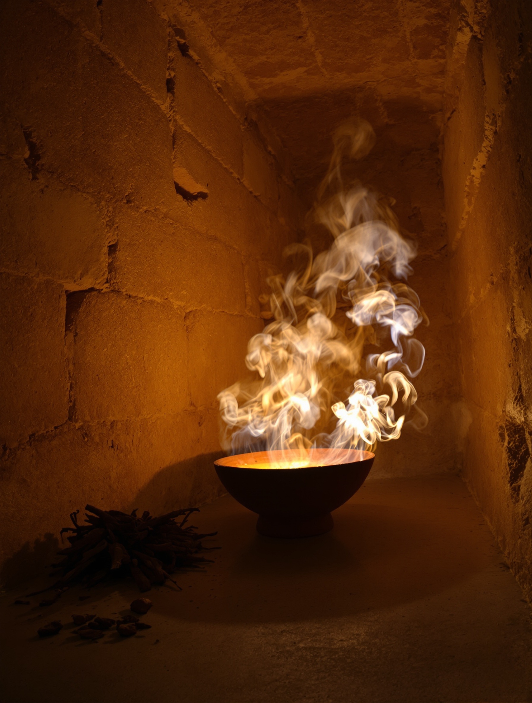 Smoldering copal in a clay vessel fills a stone ceremonial chamber with smoke, channeling the ritual soul of 777 God of Fire.