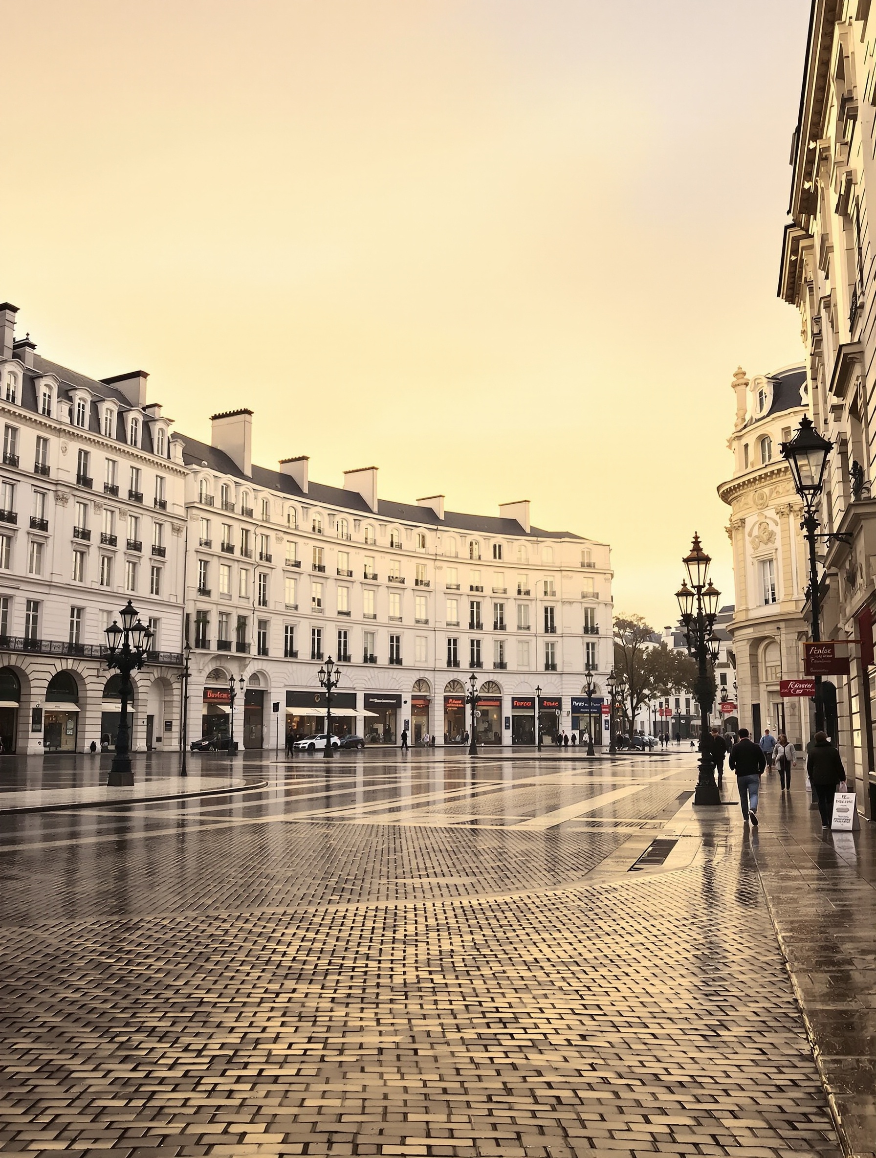Empty Place Vendôme at dawn, wet limestone cobblestones reflecting a pale gold sky, evoking the birthplace of Blue Talisman Extrait by Ex Nihilo.