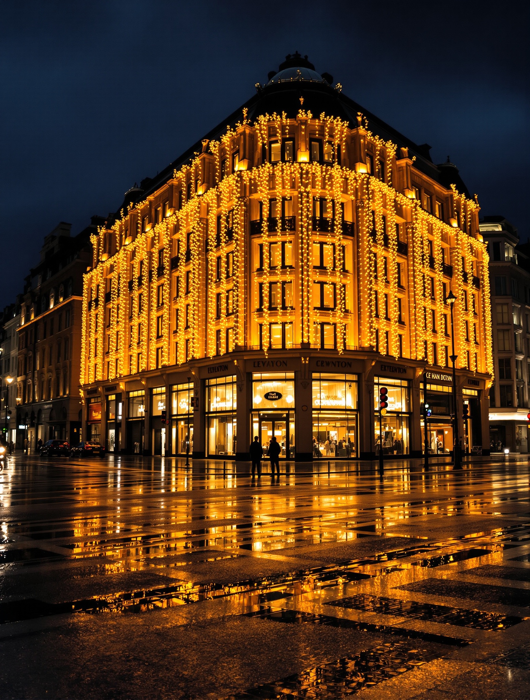 A rain-drenched London night with a distant illuminated Victorian facade casting saffron and amber reflections across wet pavement, two small silhouetted figures standing still at the far kerb.