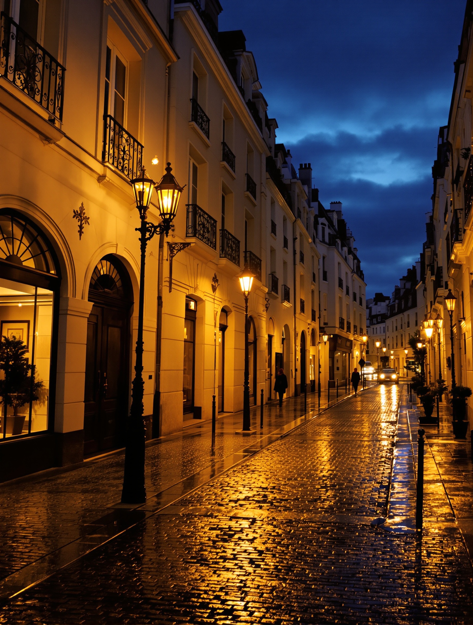 A softly lit rain-damp Parisian limestone street at early dusk, golden lamplight pooling warmly on wet cobblestones with a single small distant figure walking away.