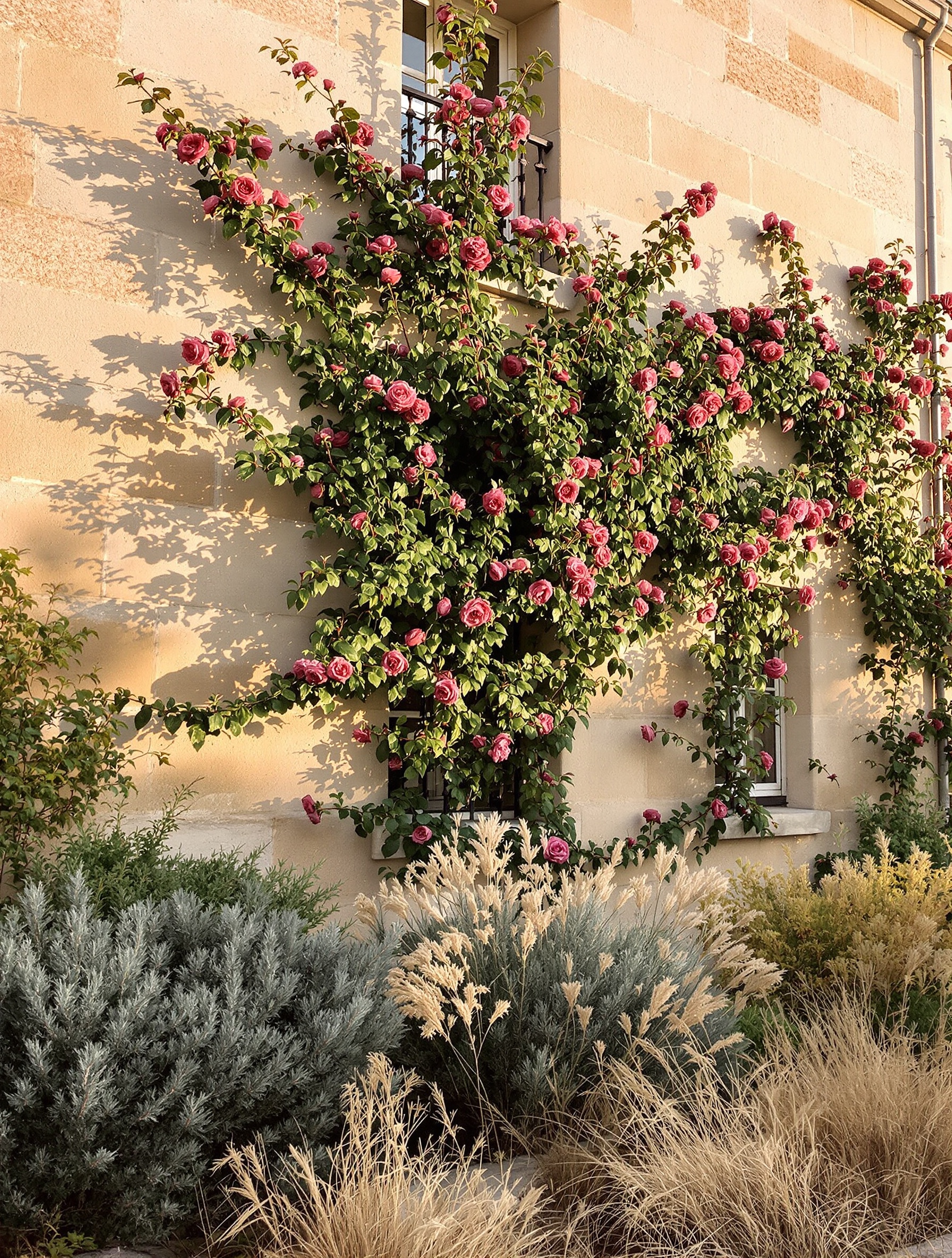A late-afternoon photograph of a patina-stained limestone country house facade with climbing roses and dominant aromatic foliage bathed in amber raking light.