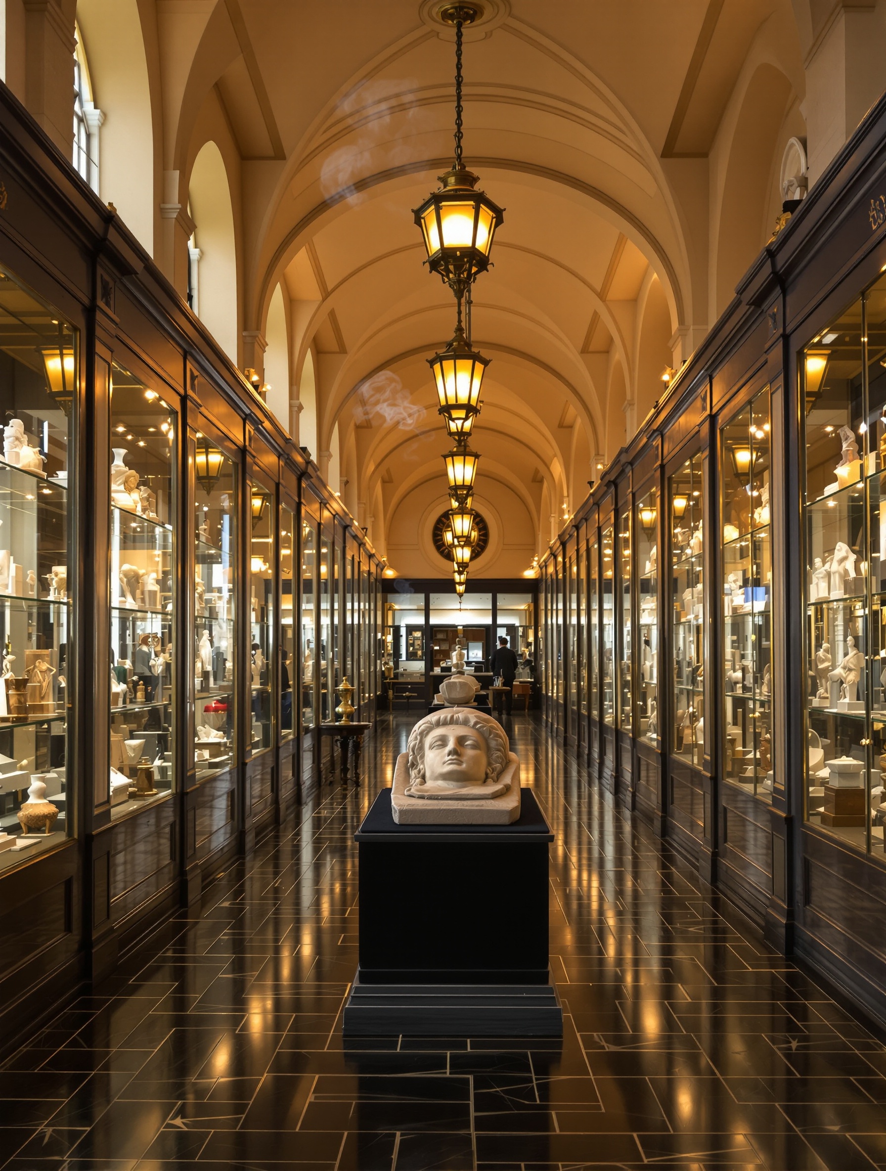 A gaslit Victorian antiquities hall with a stone sarcophagus and drifting incense smoke, evoking Ex Nihilo Brompton Immortals.