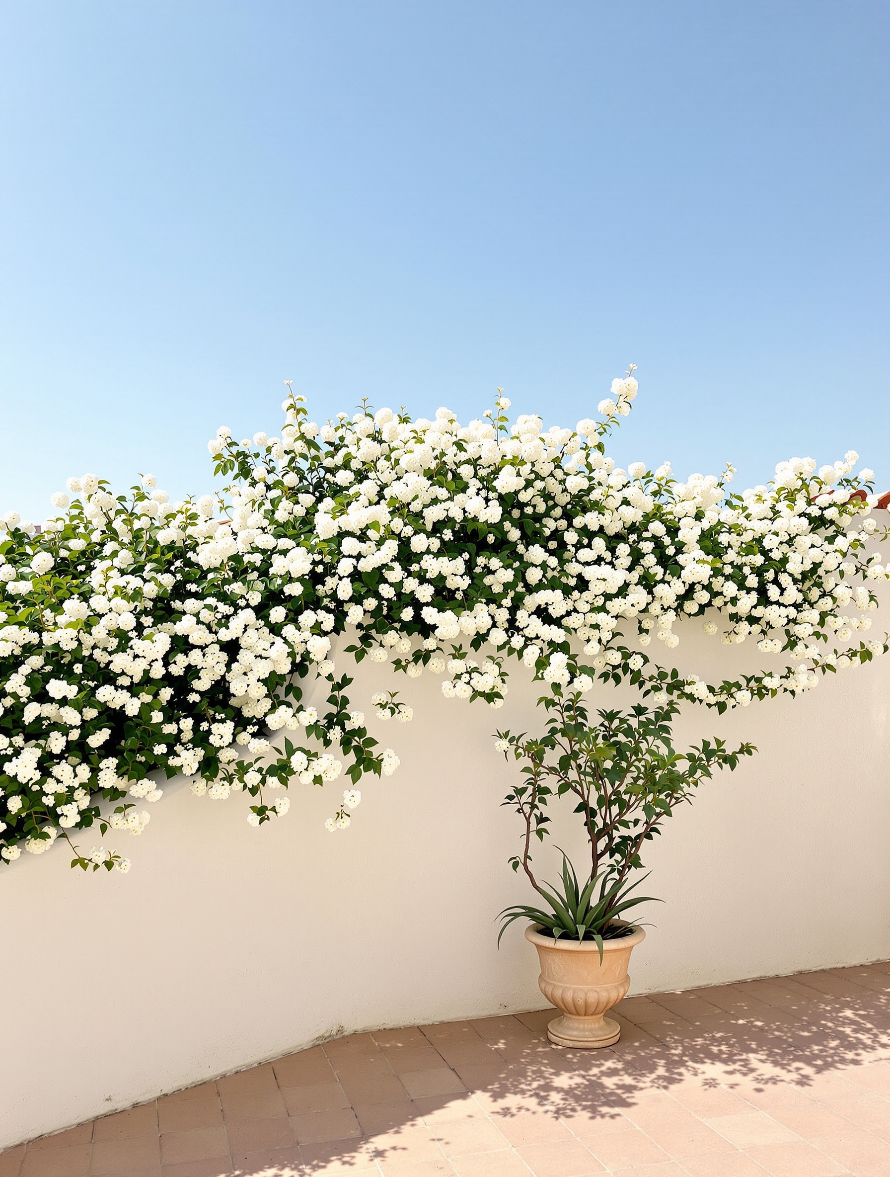Jasmine sambac in full bloom against a sunlit limestone wall in Provence, the key floral heart of Blue Talisman Extrait.
