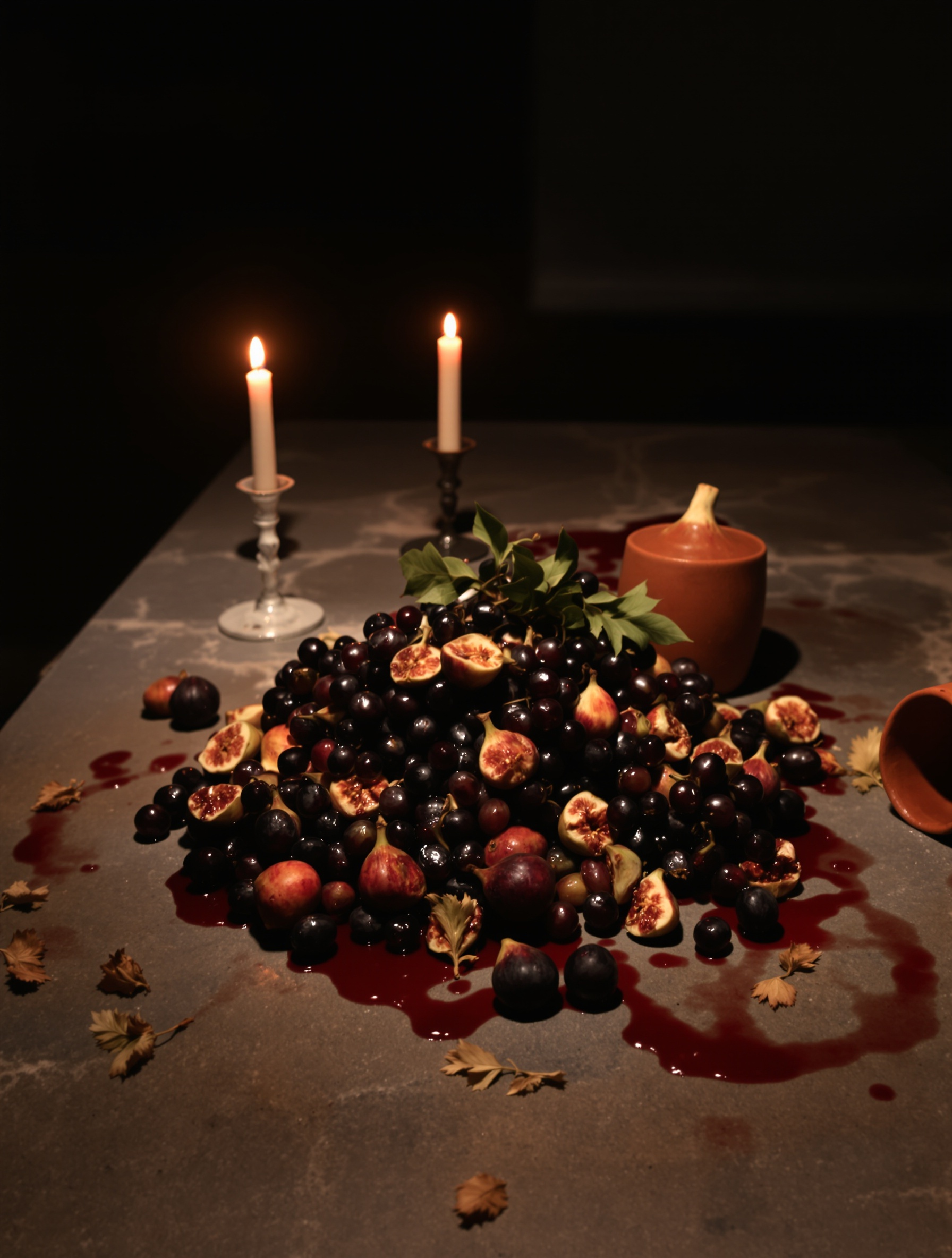 Overripe figs, split pomegranates, and spilled wine on a dim stone table for Triumph of Bacchus Extrait, lit by low candlelight.