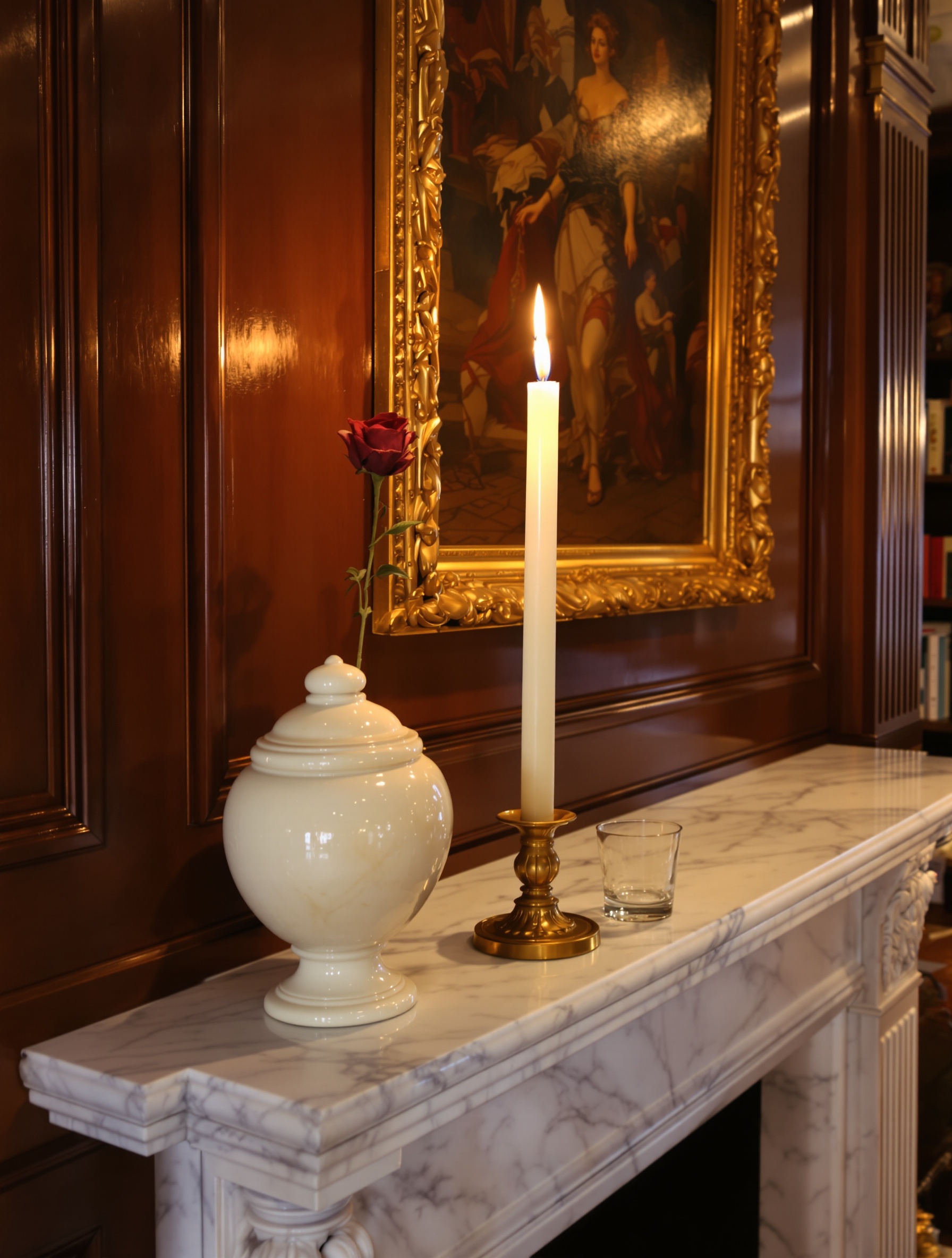 A candlelit Victorian study mantelpiece with a canopic jar and an overblown rose, the ceremonial interior world of Ex Nihilo Brompton Immortals.