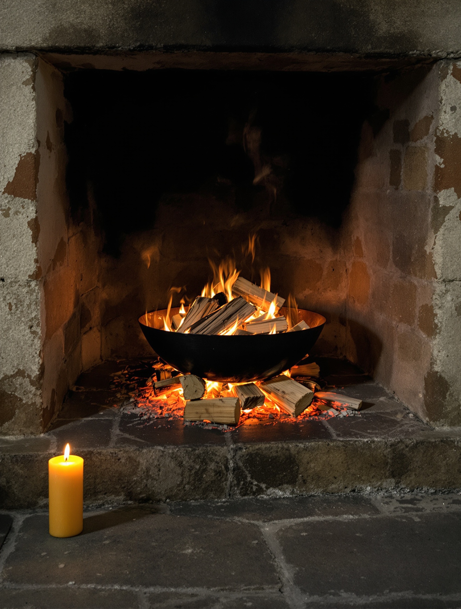 A cast-iron bowl of smoldering sandalwood logs glows amber inside a rough asymmetric stone fireplace, a single beeswax candle burning nearby on the soot-darkened hearth.