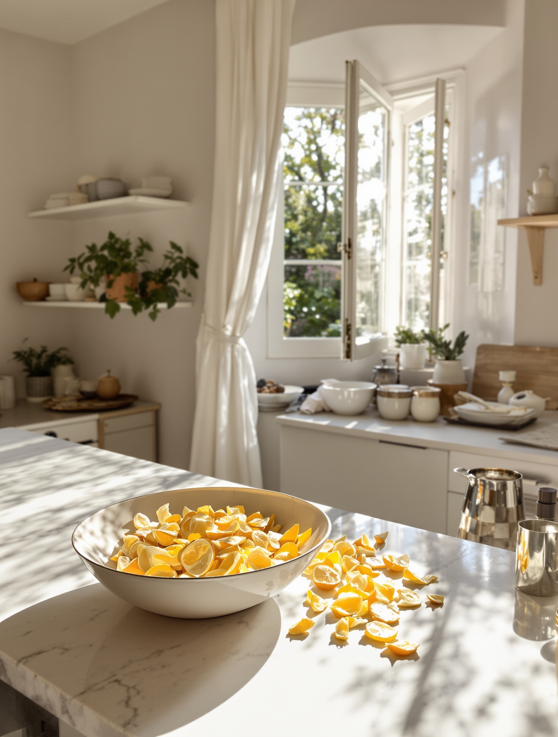 Bergamot and citrus peel in a ceramic bowl on sunlit marble, evoking the bright citrus opening of Blue Talisman Extrait by Ex Nihilo.