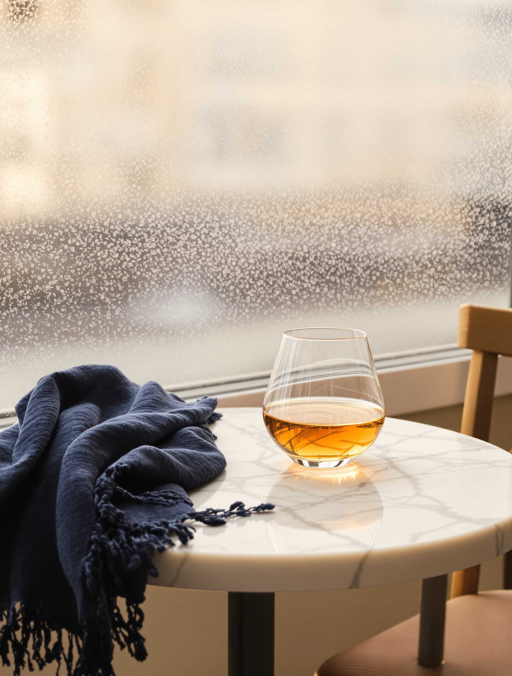 An unfinished cognac glass on a marble cafe table capturing the intimate warmth of Santal de Paris.