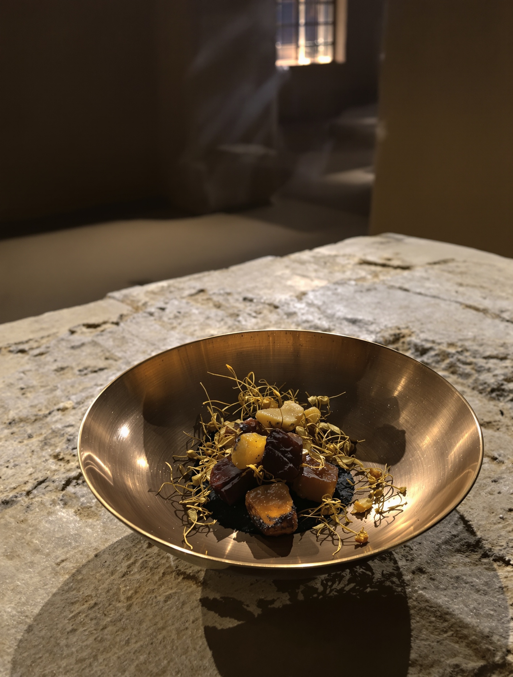 A bronze bowl of olibanum resin and saffron threads on stone, the raw sacred materials of Ex Nihilo Brompton Immortals.