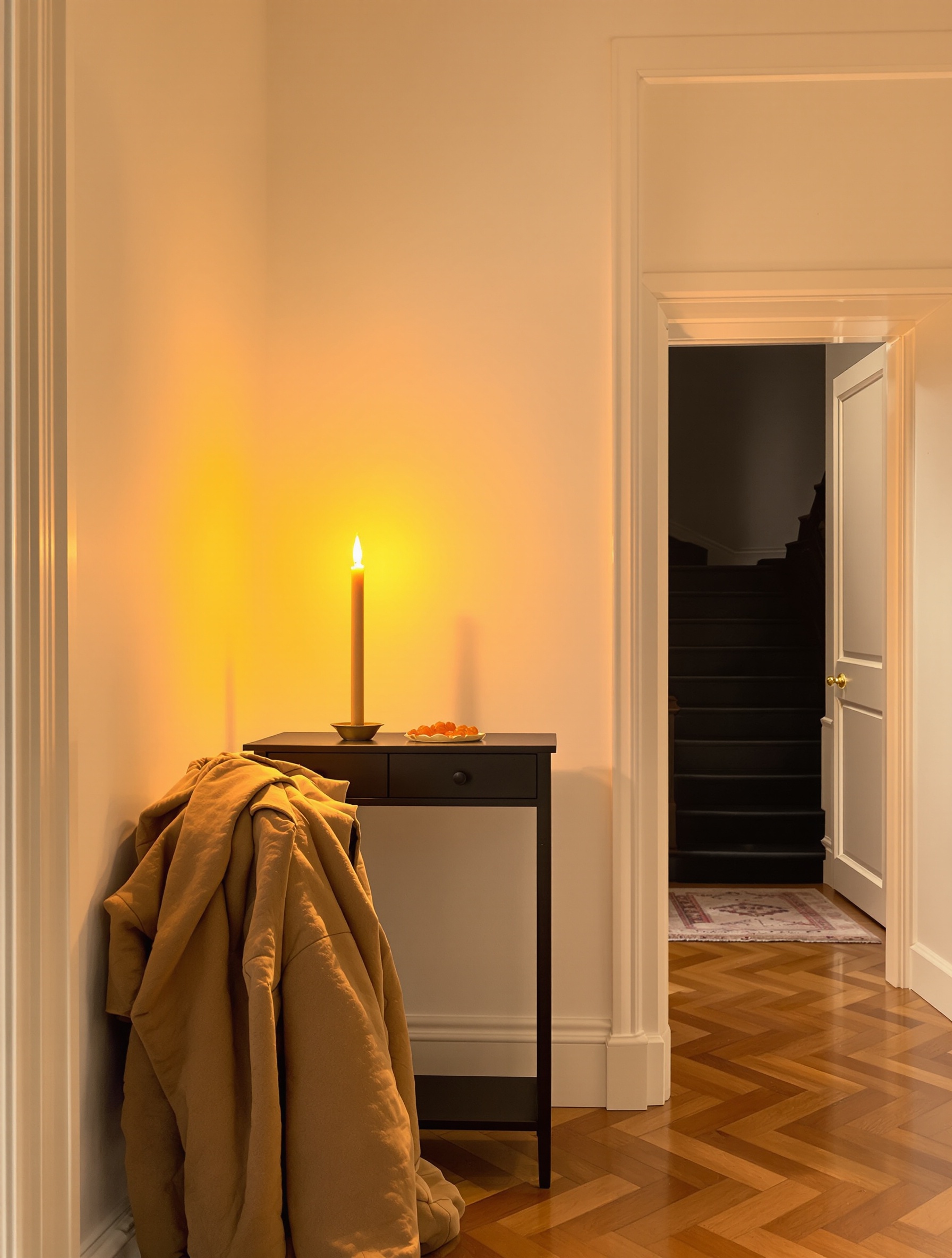 A candlelit apartment hallway with cashmere and benzoin resin evoking the arriving-home warmth of Santal de Paris.