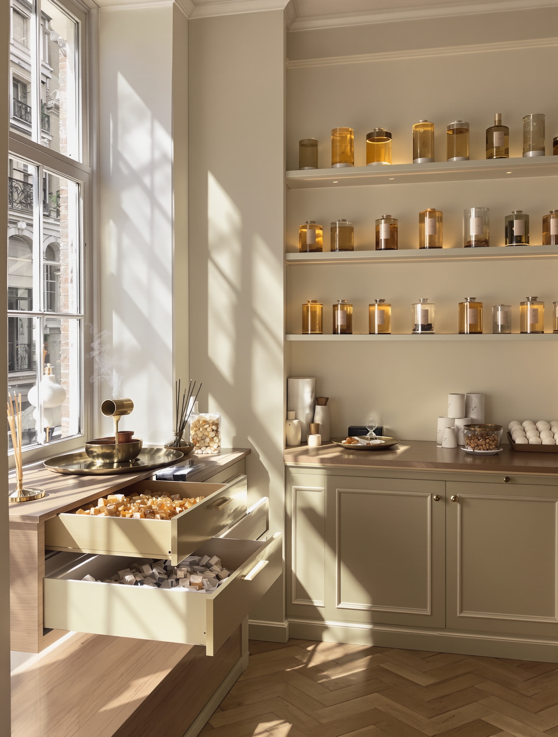 A still, golden-lit perfumery interior reflecting the warm resinous soul of Santal de Paris.